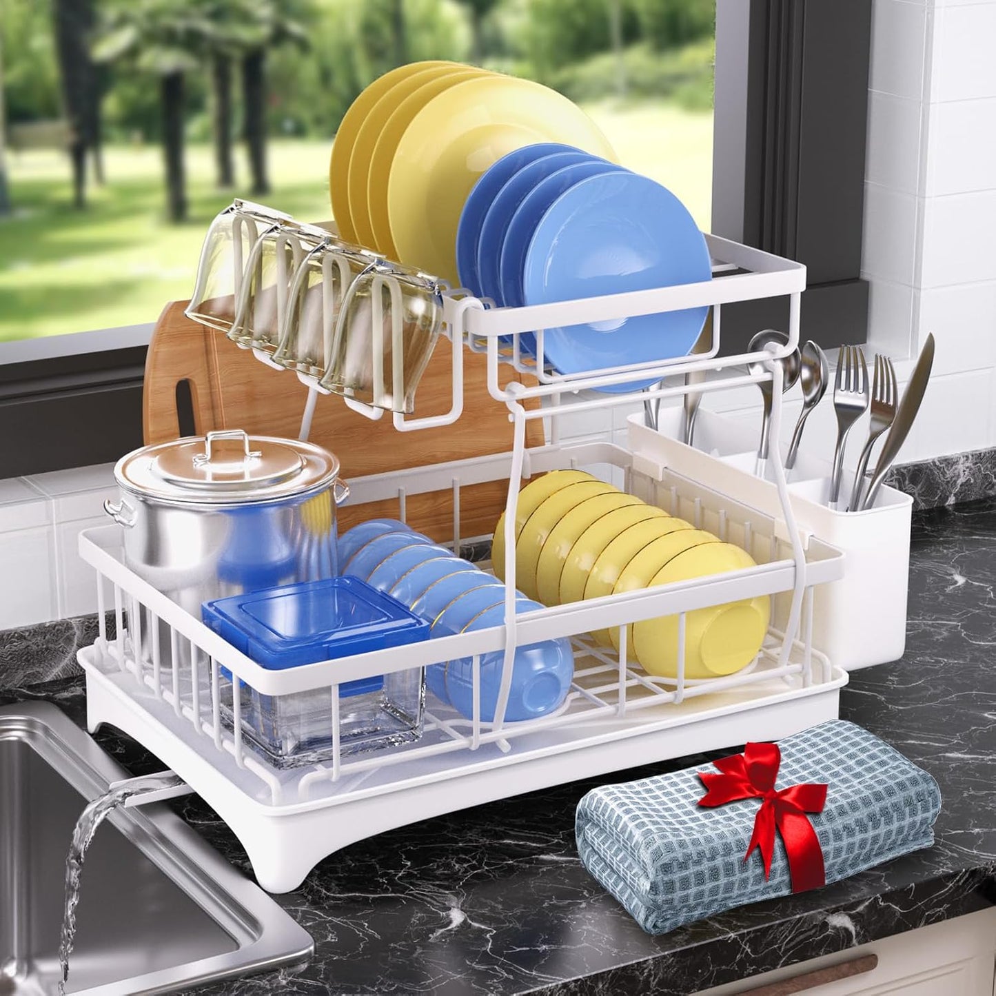 Godboat 2-Tier Dish Drying Rack - Dish Rack with Auto Drain-to-Sink & Mat | Dish Racks for Kitchen Counter, Dish Drainer with Knife Fork & Cup Rack, Gifts for Women, Mothers Day, Kitchen Gadgets, Black