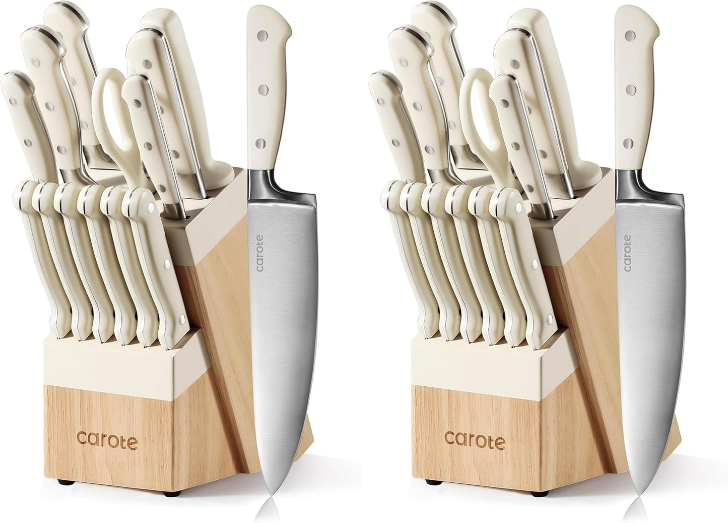 CAROTE 14-Piece Knife Set with Wood Block, Rust-Resistant, Cream | Razor-Sharp High Carbon Stainless Steel Knives, Long-Lasting Sharpness, Forged, Triple-Riveted Ergonomic Non-Slip Handles