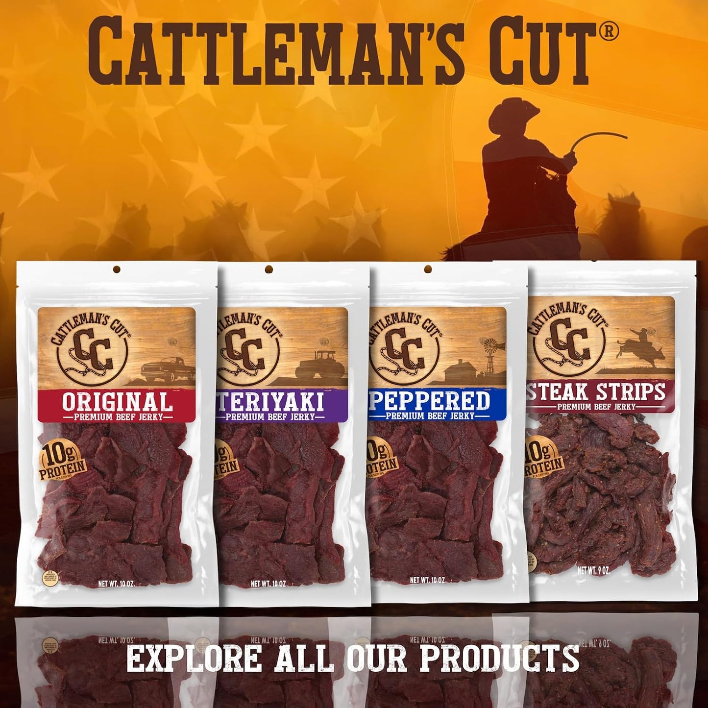 Cattleman's Cut Peppered Beef Jerky, Premium Marinated Steak Snacks, 10 Ounces