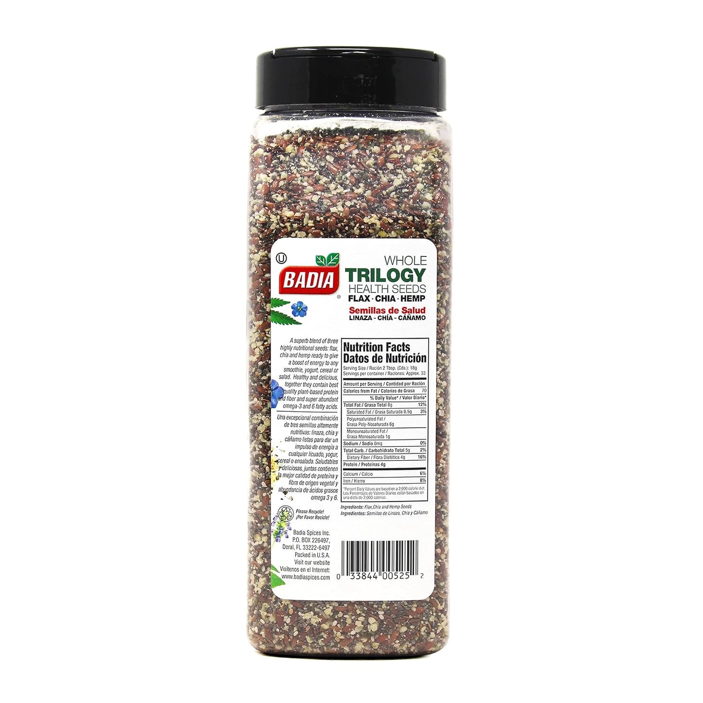 Badia Trilogy Health Seed Blend, Gluten-Free, High Fiber, Omega-3, 21 oz, Flax, Chia, Hemp Seeds