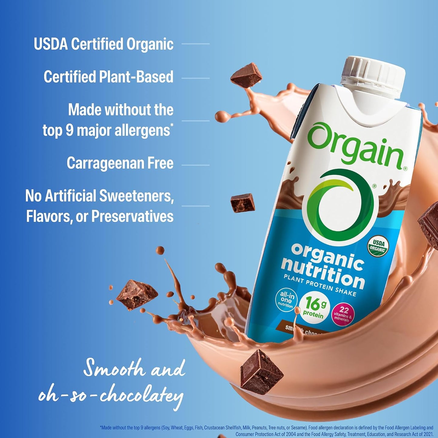 Orgain Organic Nutritional Vegan Protein Shake, Smooth Chocolate - 16g Plant Based Protein, Meal Replacement, 22 Vitamins & Minerals, Fruits & Vegetables, Gluten Free, Non-GMO, 11 Fl Oz (Pack of 12)