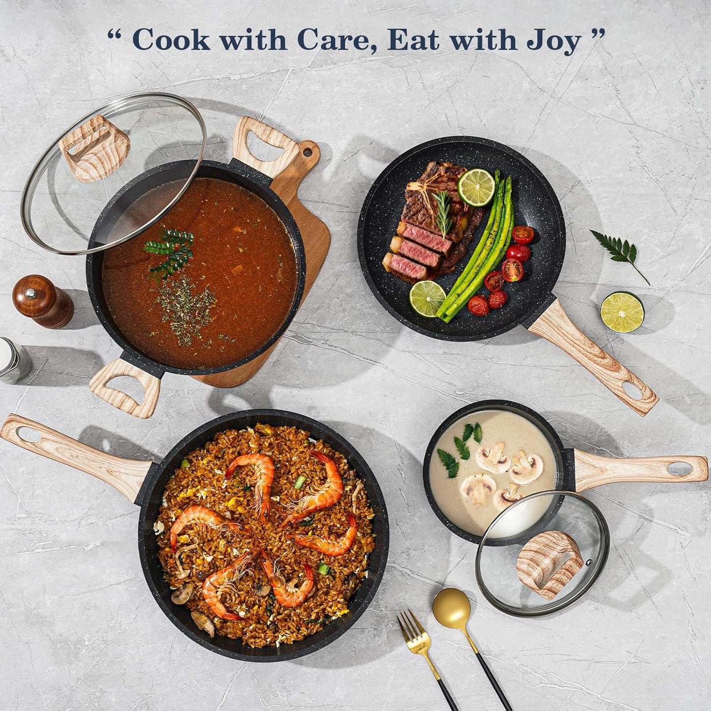 SODAY Pots and Pans Set Non Stick, 12Pcs Black Granite Induction Cookware | PFAS/PFOA/PFOS Free, Healthy Nonstick Kitchen Cookware Sets, Includes Fry Pans & Saucepans.