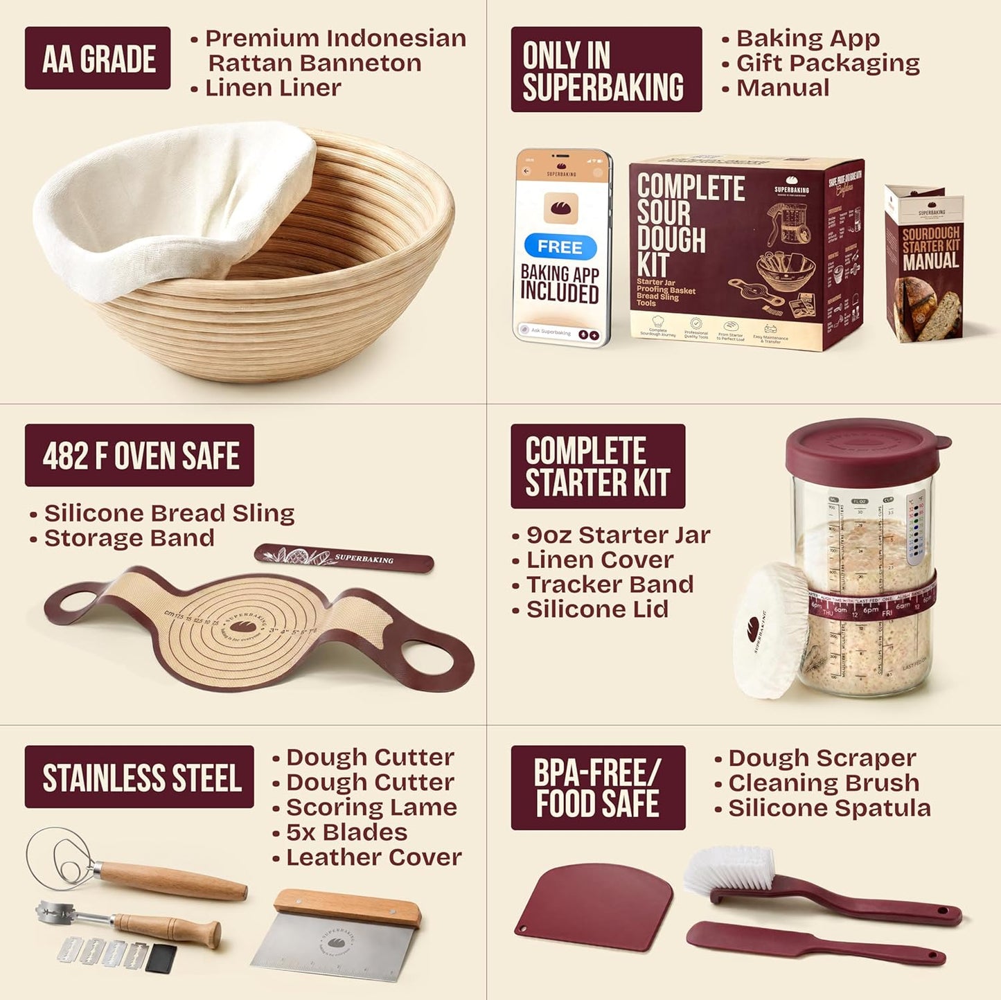 Superbaking Sourdough Starter Kit: 9" Banneton Basket, Silicone Sling & Jar | Non-Stick Silicone Dough Sling, Glass Starter Jar Kit, Splinter-Free, Sourdough Bread Baking Supplies