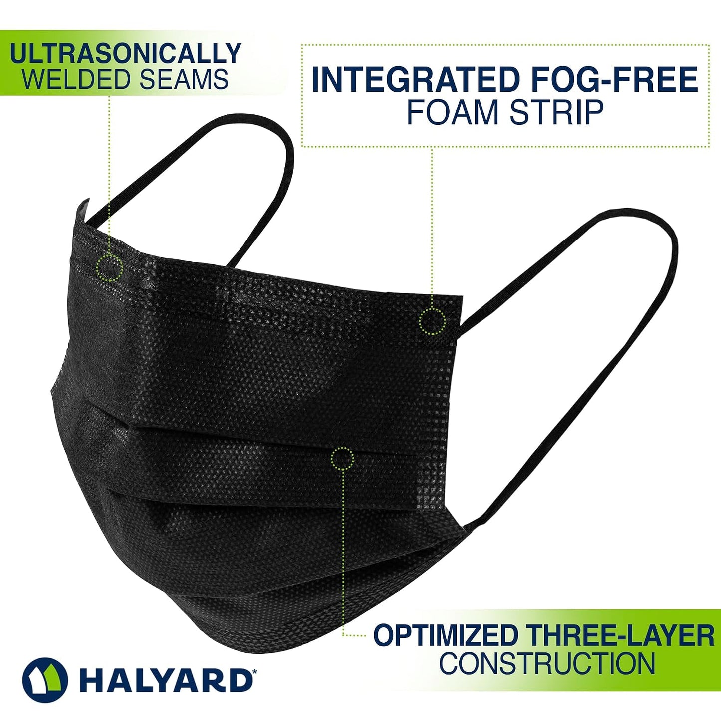 Halyard Black Disposable Face Mask with Earloops, ASTM LEVEL 3, Fog-Free, Pleat Style, 4-Layer Construction