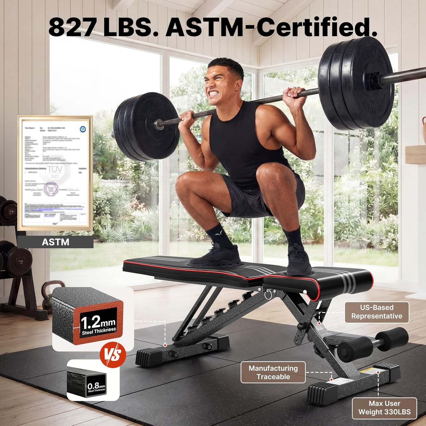 YOLEO Adjustable Weight Bench, ASTM-Certified 827LBS, 95% Pre-Assembled, Foldable Gym Bench