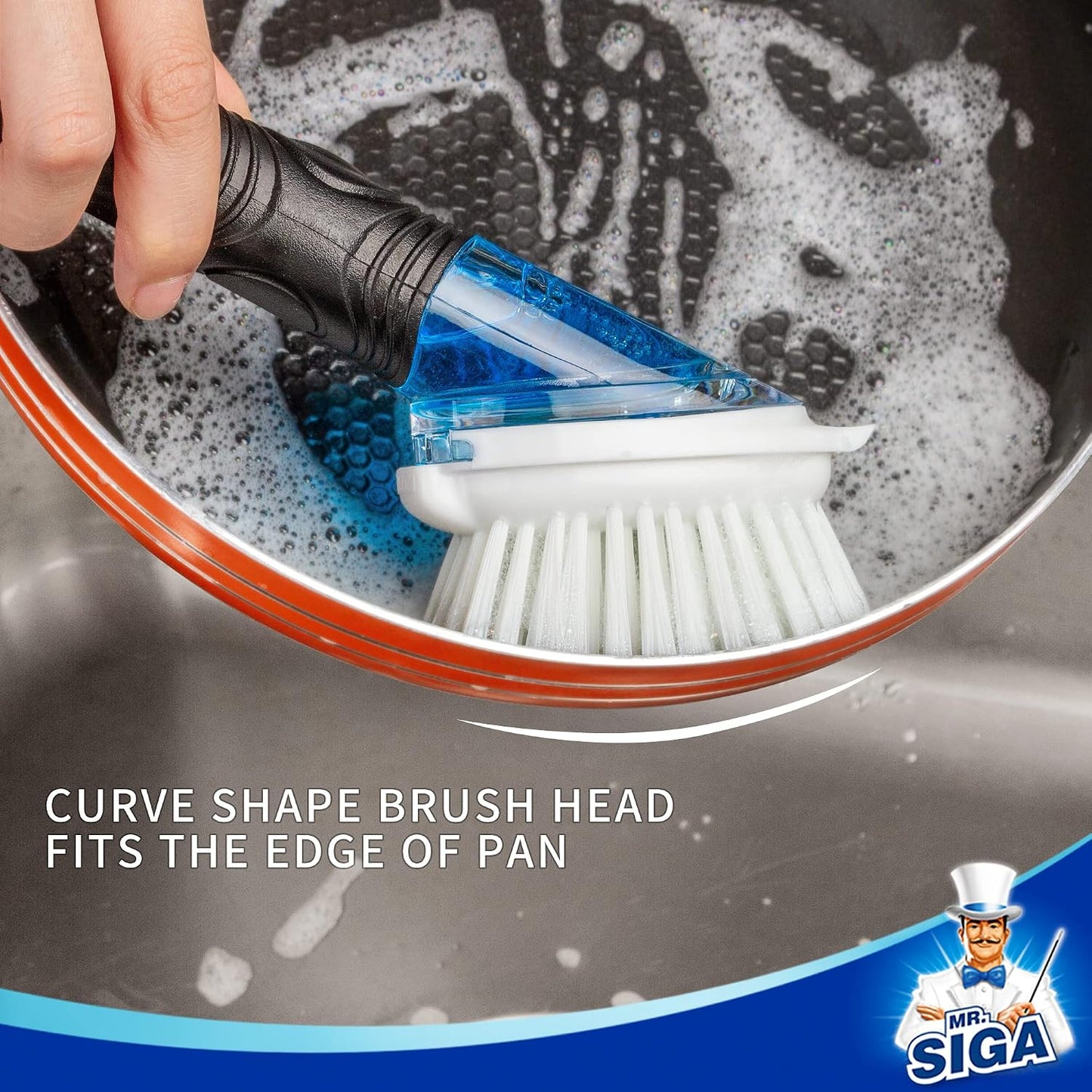 MR.SIGA Soap Dispensing Dish Brush, Kitchen Brush for Pot Pan Sink, 2 Pack | Dish scrubber with soap dispenser, dish soap brush with scraper
