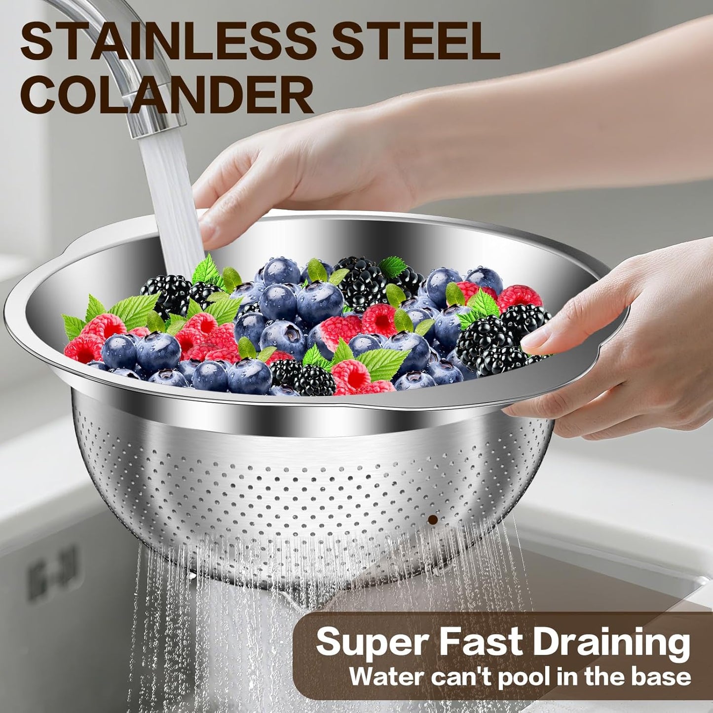 Stainless Steel Colander for Kitchen, Stainless Steel Strainer, Pasta Strainer for Spaghetti Fruit Cooking Food, 3 Pcs Strainers and Colanders(2QT, 3QT, 5QT), Dishwasher Safe, Kitchen Present