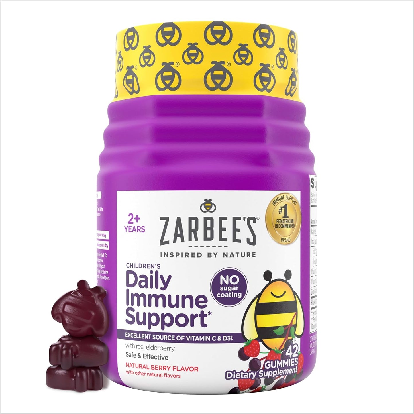Zarbee’s Elderberry Gummies for Kids, Immune Support Supplement with Vitamins A, C, D3, E, & Zinc, Gluten & Gelatin Free, No Artificial Flavors, Natural Berry Flavor, Ages 2+, 42 ct