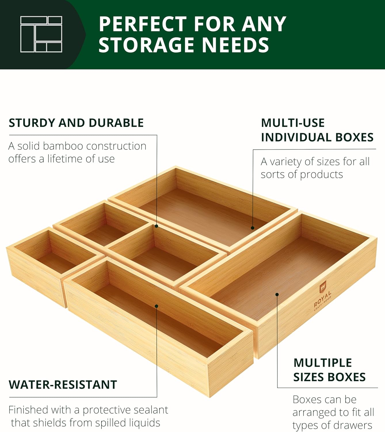 ROYAL CRAFT WOOD 5-Piece Bamboo Drawer Organizer Set โ Multi-Use Storage Trays for Kitchen, Bathroom, Office, Makeup, Jewelry & More โ Junk Drawer Tray, Utensil Holder, Storage Box & Bin Set (5 Boxes)