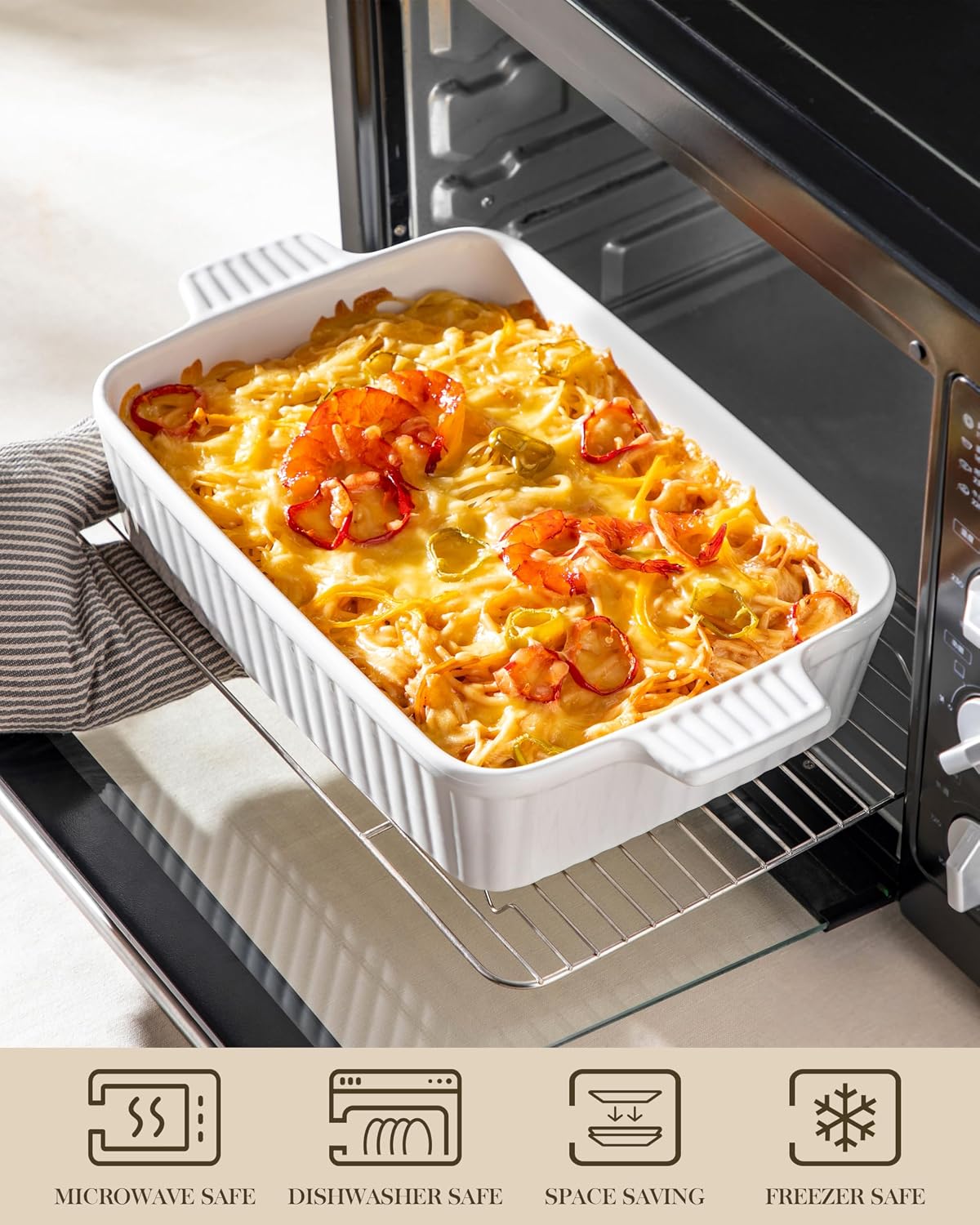 MALACASA 4.4QT Ceramic Casserole Dishes for Oven, 9x13 Baking Dishes, White | Rectangular Lasagna Pan with Handles, Ceramic Baking Dish, Deep Roasting Pan, Microwave and Dishwasher Safe, Wedding Gift
