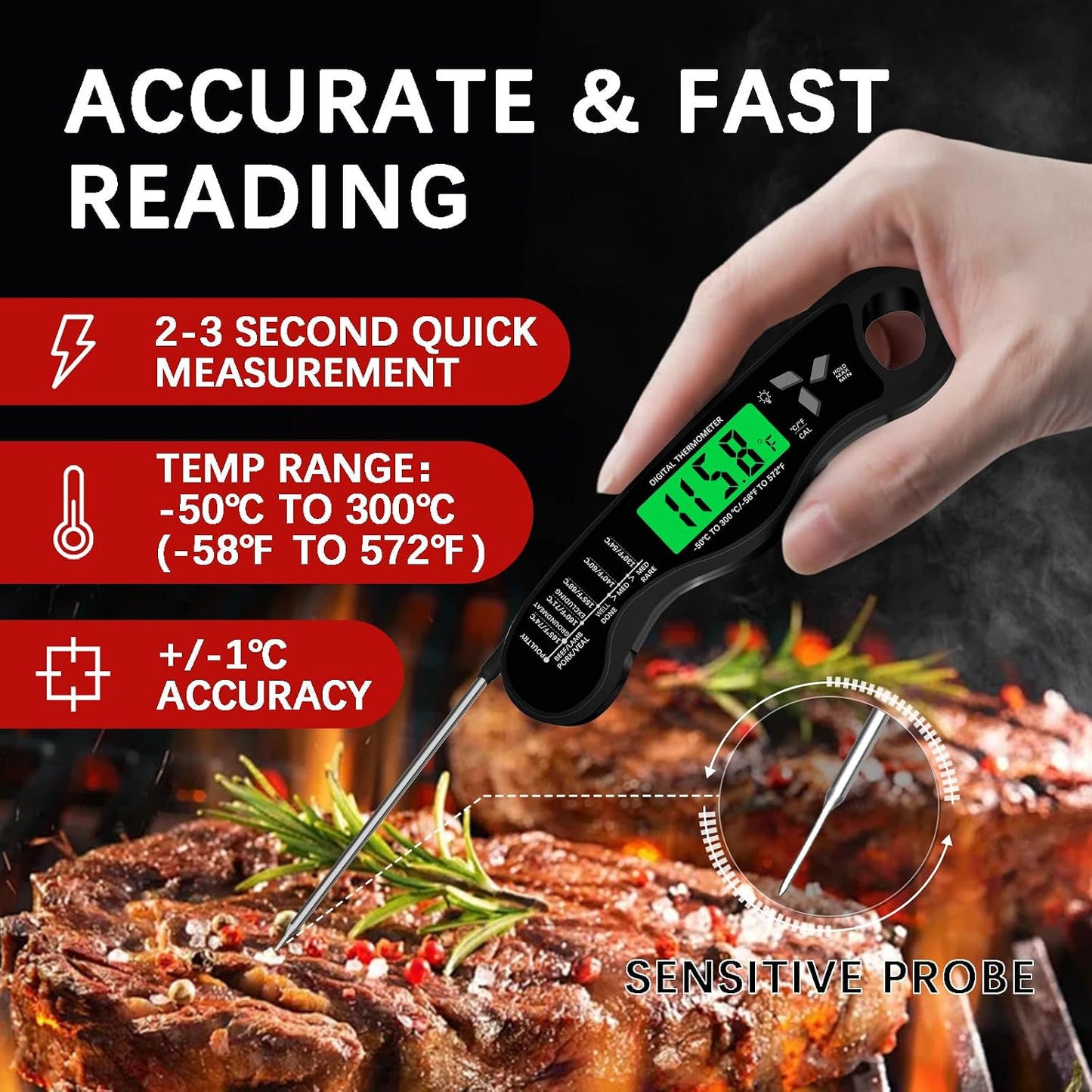 Cooking Thermometer,IP67 Waterproof Meat Thermometer Digital | Backlight,Magnetic attraction,Hold Function,Instant Read,LED screen,for Cooking,Outdoor Grilling