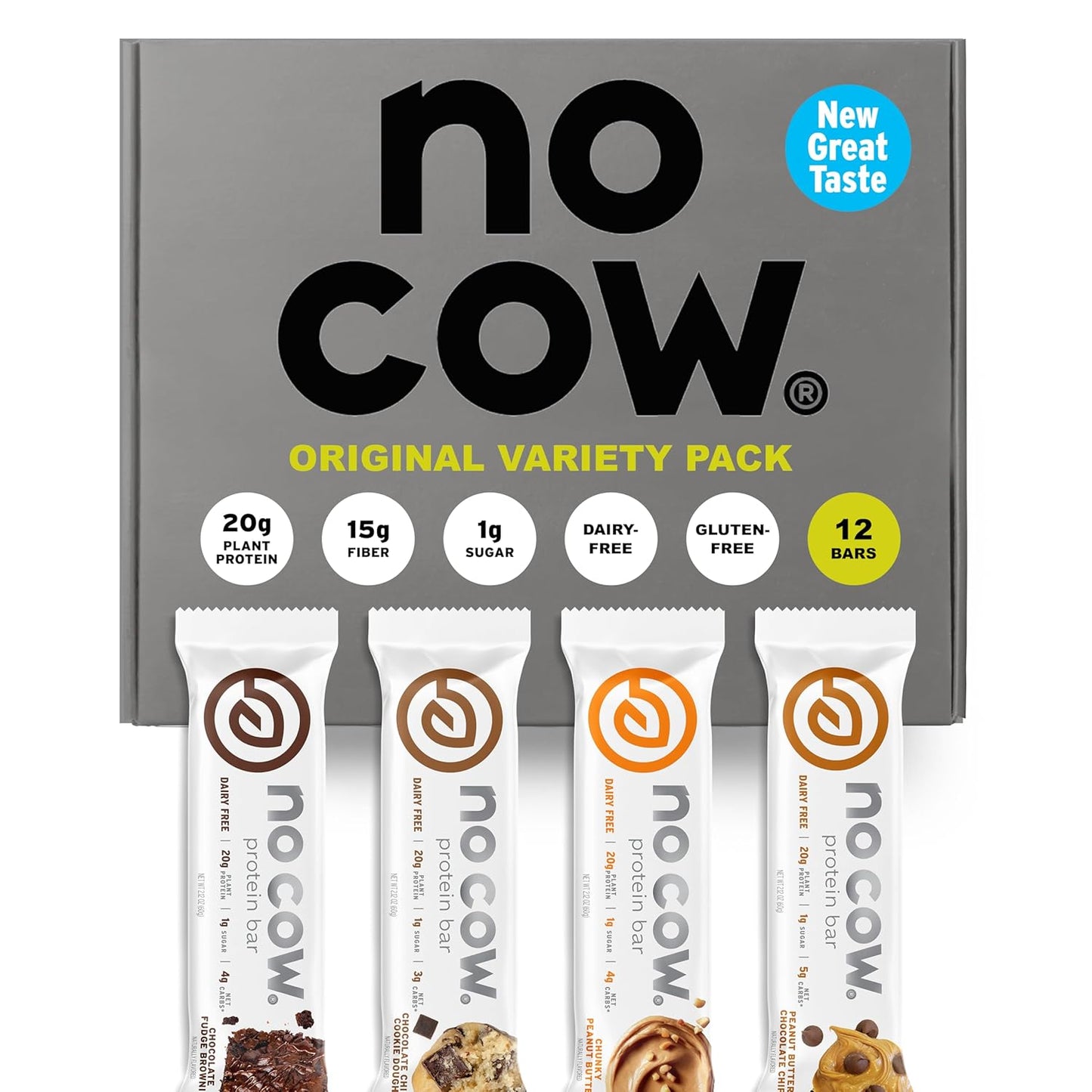 No Cow Vegan Protein Bar Sampler Pack, 20g Plant Based Protein, Gluten Free, Dairy Free