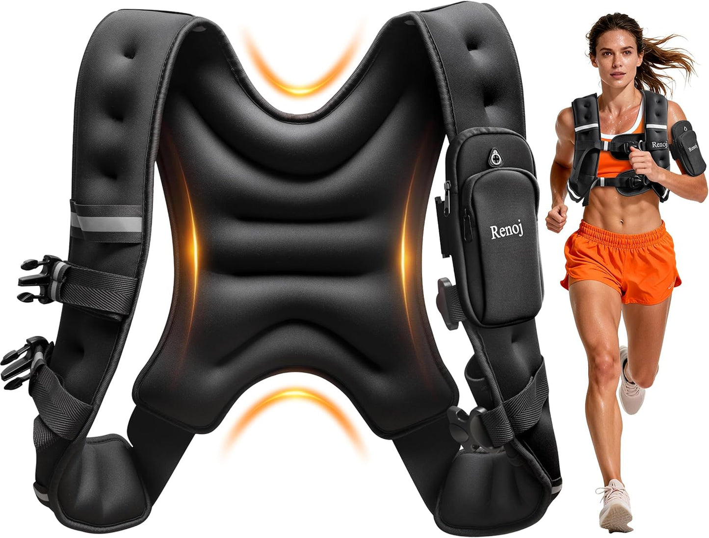 Renoj Weighted Vest for Fitness: 6lb-20lb Fixed Weights, Reflective Strips, Storage Pocket