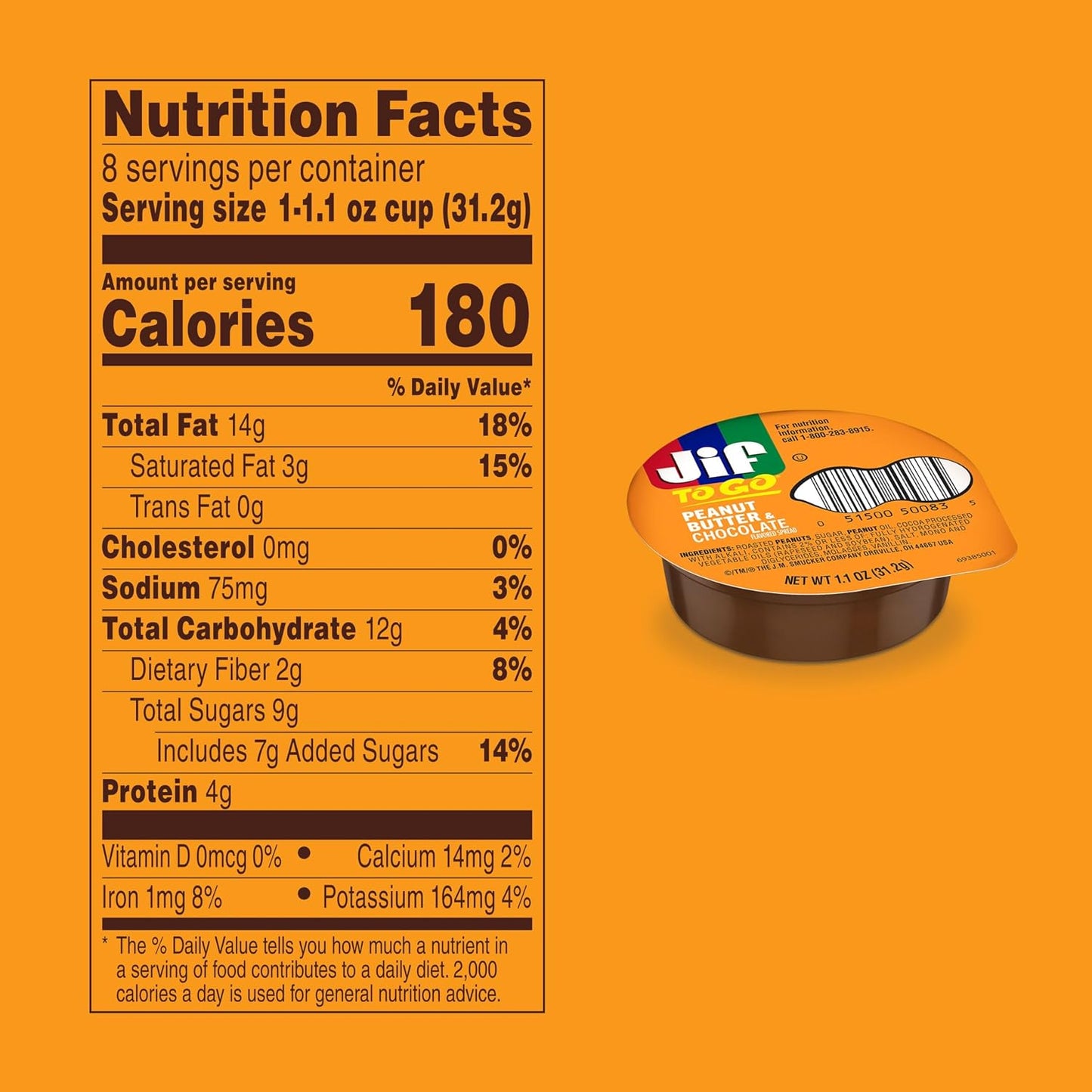 Jif To Go Peanut Butter & Chocolate Flavored Spread, 48 Single-Serve Cups, 1.1 Oz. Each