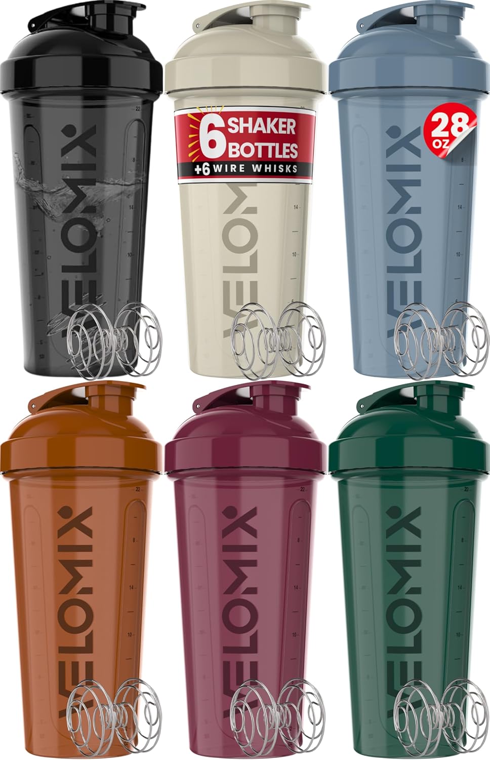 VELOMIX 28 oz Protein Shaker Bottle - 6 Pack, Earth Tones