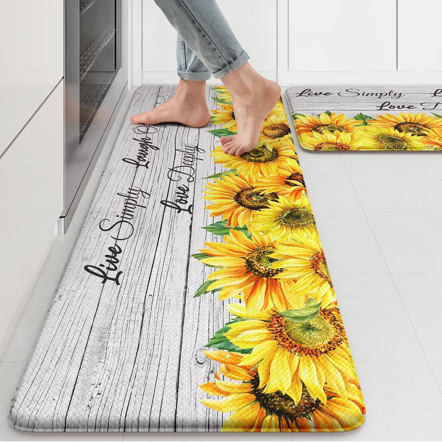 KIMODE Anti Fatigue Kitchen Mat, 17"x47"+17"x29" Floral Kitchen Rugs Sets of 2, Farmhouse Kitchen Floor Mats Non-Slip Cushioned, Comfort Standing Desk Mat for Sink, Laundry,Home Brown
