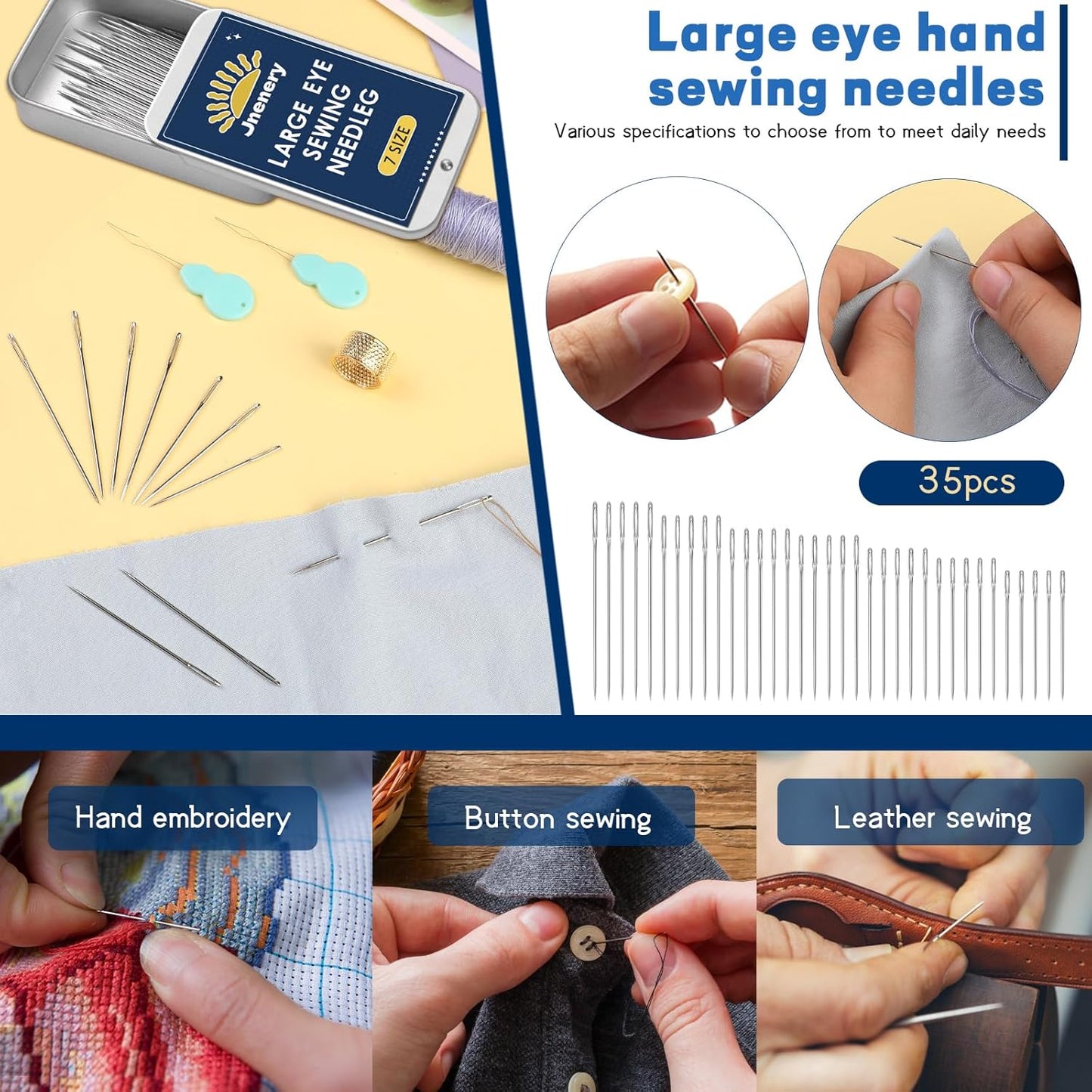 35 Pcs Large Eye Sewing Needles, 7 Size Sewing Sharp Needles for Handsewing, Leather Embroidery Thread Needle, Stainless Steel Yarn Knitting Needle with Threader, Thimble for Crafts, Repair, Quilting