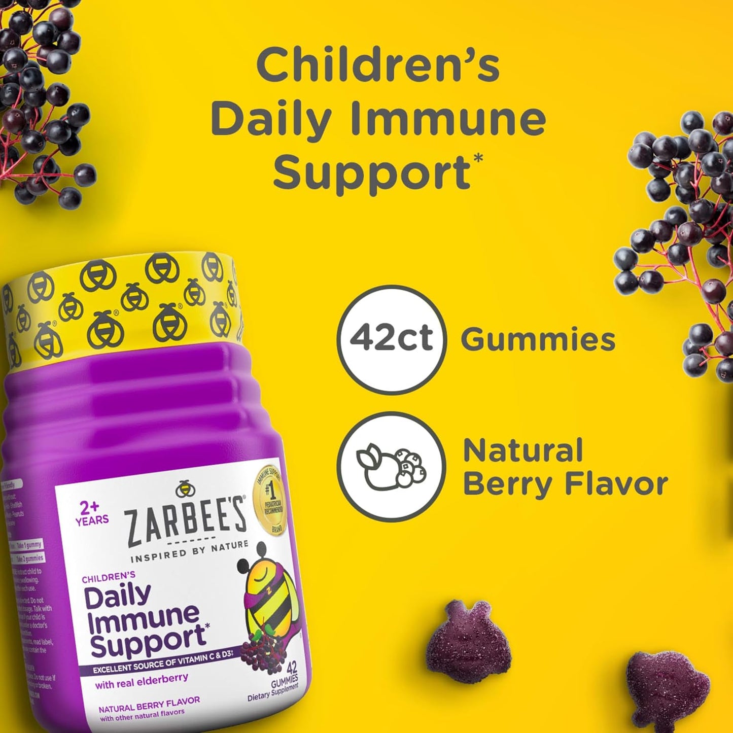 Zarbee’s Elderberry Gummies for Kids, Immune Support Supplement with Vitamins A, C, D3, E, & Zinc, Gluten & Gelatin Free, No Artificial Flavors, Natural Berry Flavor, Ages 2+, 42 ct
