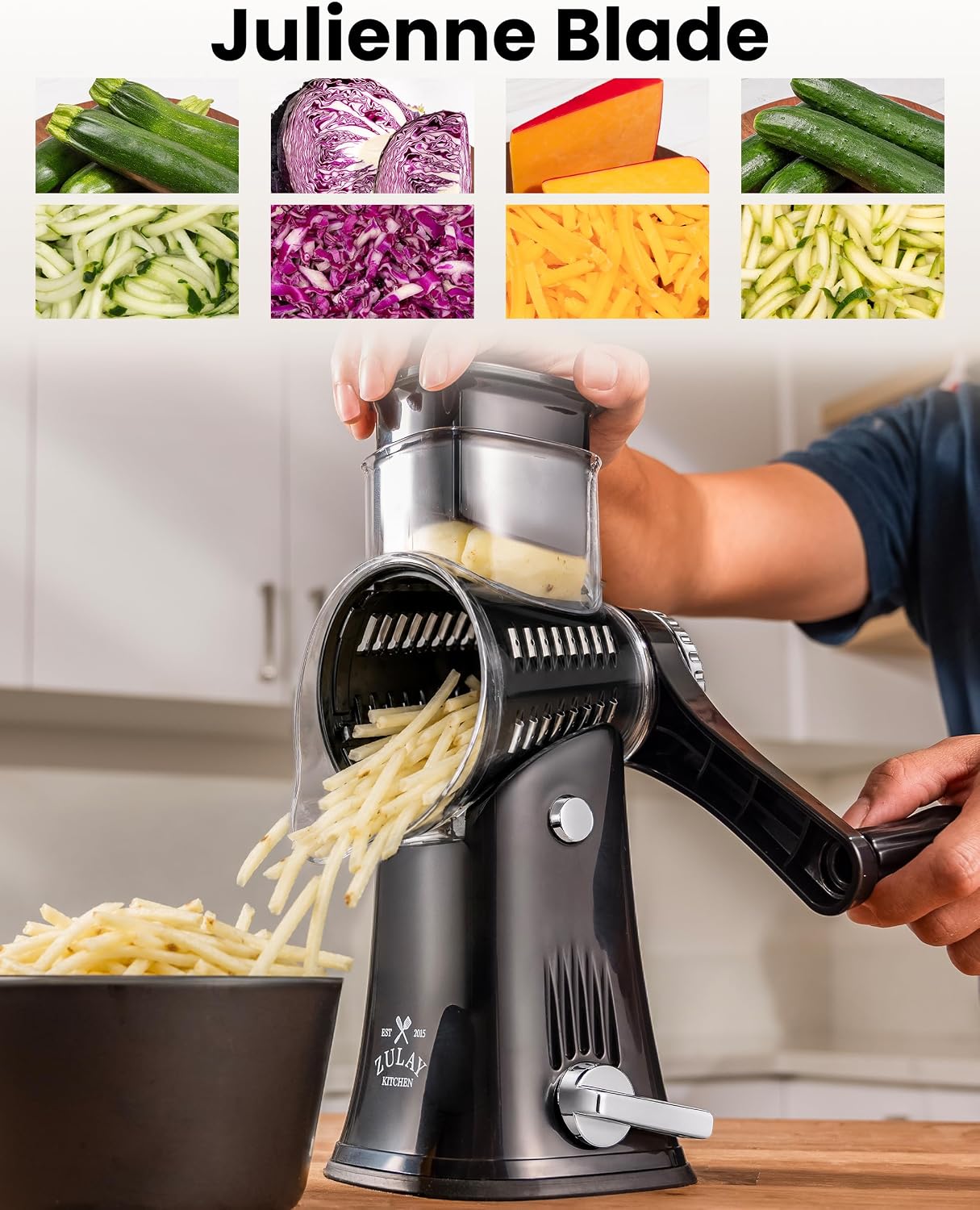 Zulay Kitchen Rotary Cheese Grater 5 Blade Cheese Shredder - Manual Hand Crank Cheese Grater With Reinforced Suction & 5 Interchangeable Drums - Easy to Use, Vegetable Chopper Round Mandoline Slicer