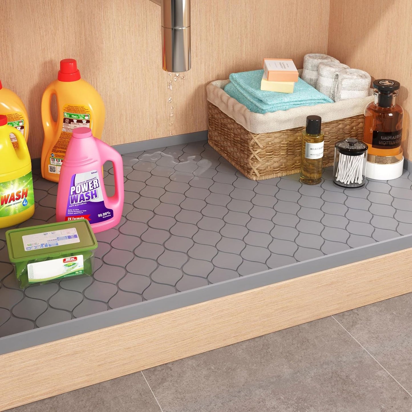 Winisok Waterproof Under Sink Mat 34" x 22", Silicone Mat, Beige | Raised Edge Traps Spills & Leaks, Shelf Liner, Cabinet Protector, for Kitchen, Bathroom, Boots, Pets, Home Essentials