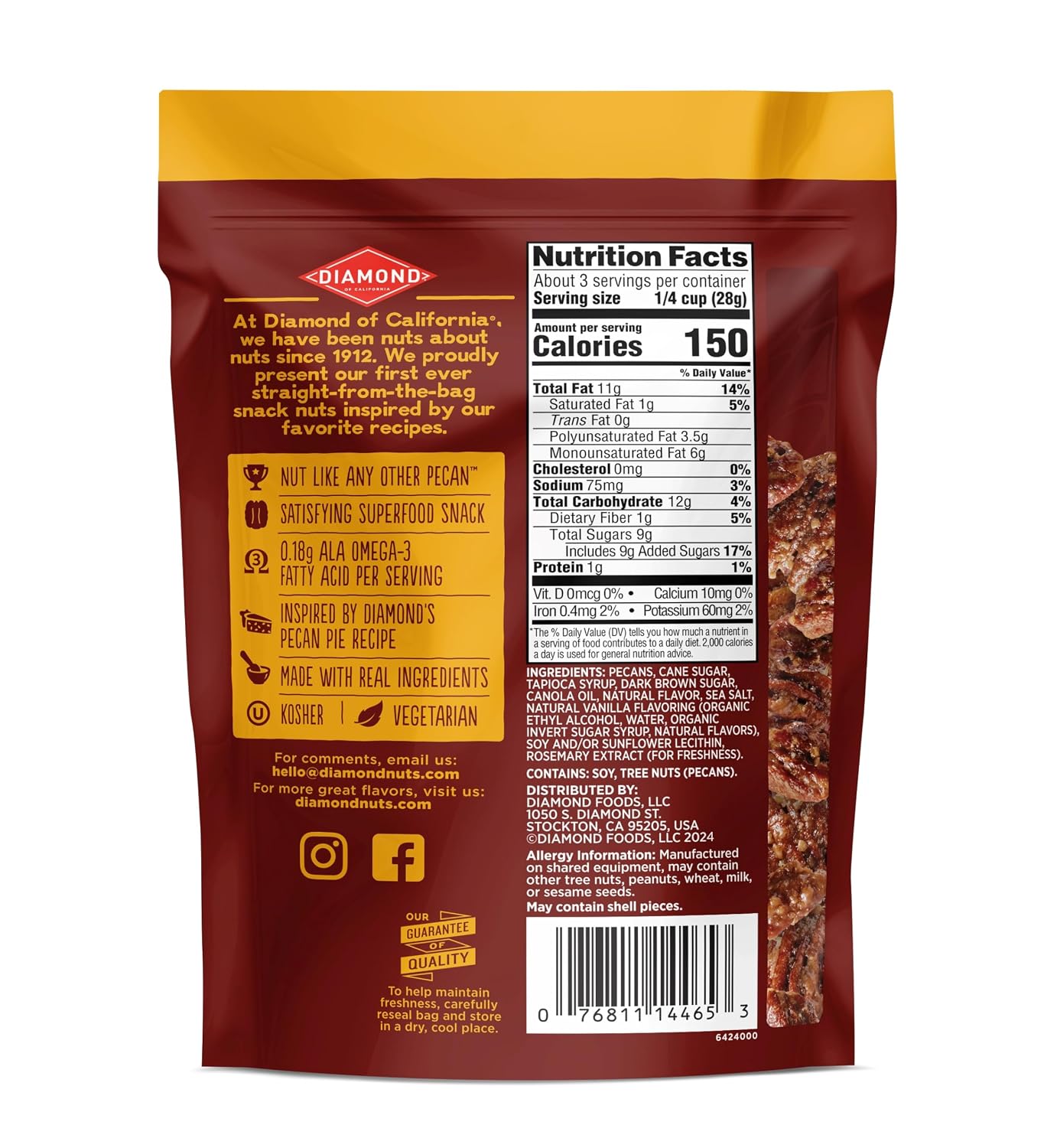 Diamond of California Pecan Pie Pecan Nuts, 3.25 oz, Non-GMO, Kosher, Omega-3 rich