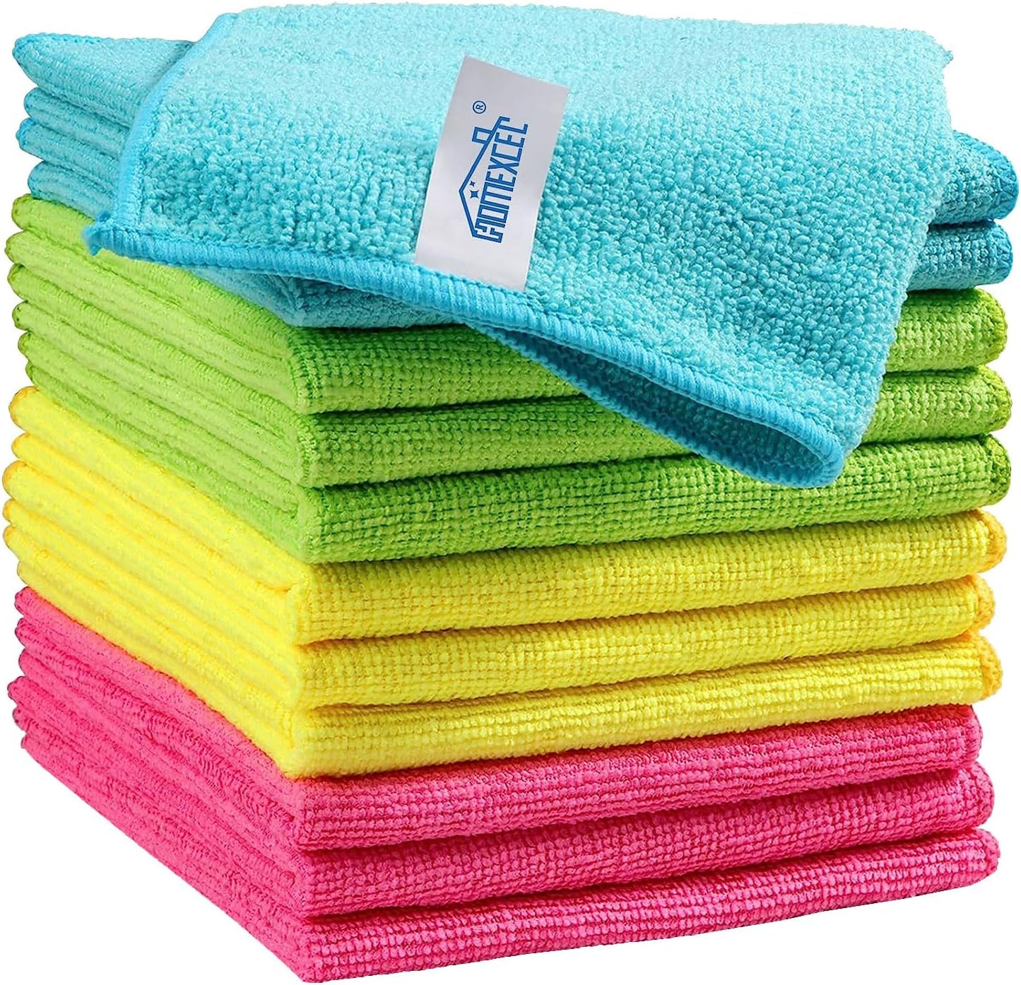 HOMEXCEL 12PK Microfiber Cleaning Cloth, Cleaning Rag for Home, 11.5x11.5in | Reusable, Lint Free, Scratch-Free and Highly Absorbent Towels for Kitchen, Window and Glass, Cars (Green/Blue/Yellow/Pink)