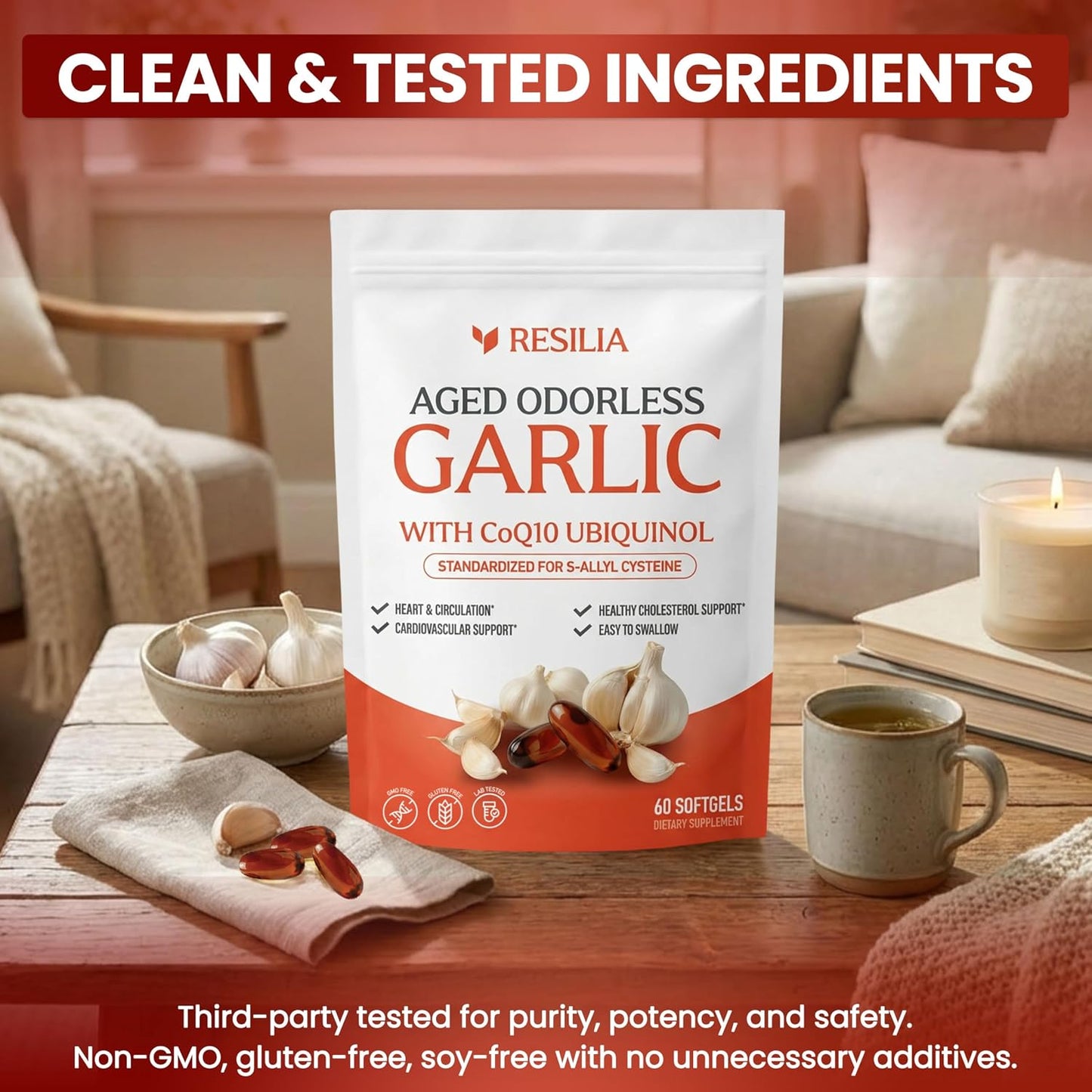 Resilia Garlic Extract 600mg Softgels (60 Count) – Odorless Aged Garlic Extract Supplement with CoQ10 Ubiquinol – 20-Month Matured, Standardized for S-Allyl Cysteine - Heart Health & Immune Support