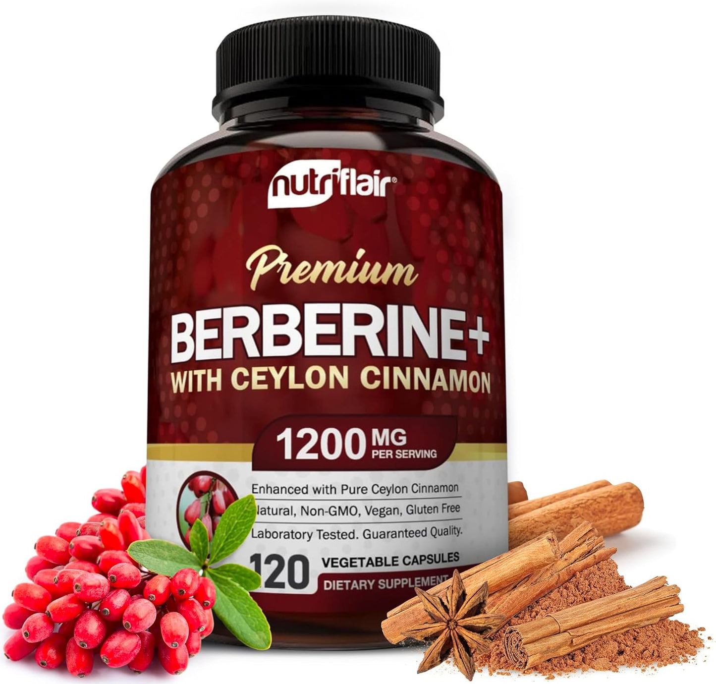 NutriFlair Premium Berberine HCL 1200mg, 120 Capsules - Plus Pure True Ceylon Cinnamon, Berberine HCI Root Supplements Pills - Immune System - Made in USA