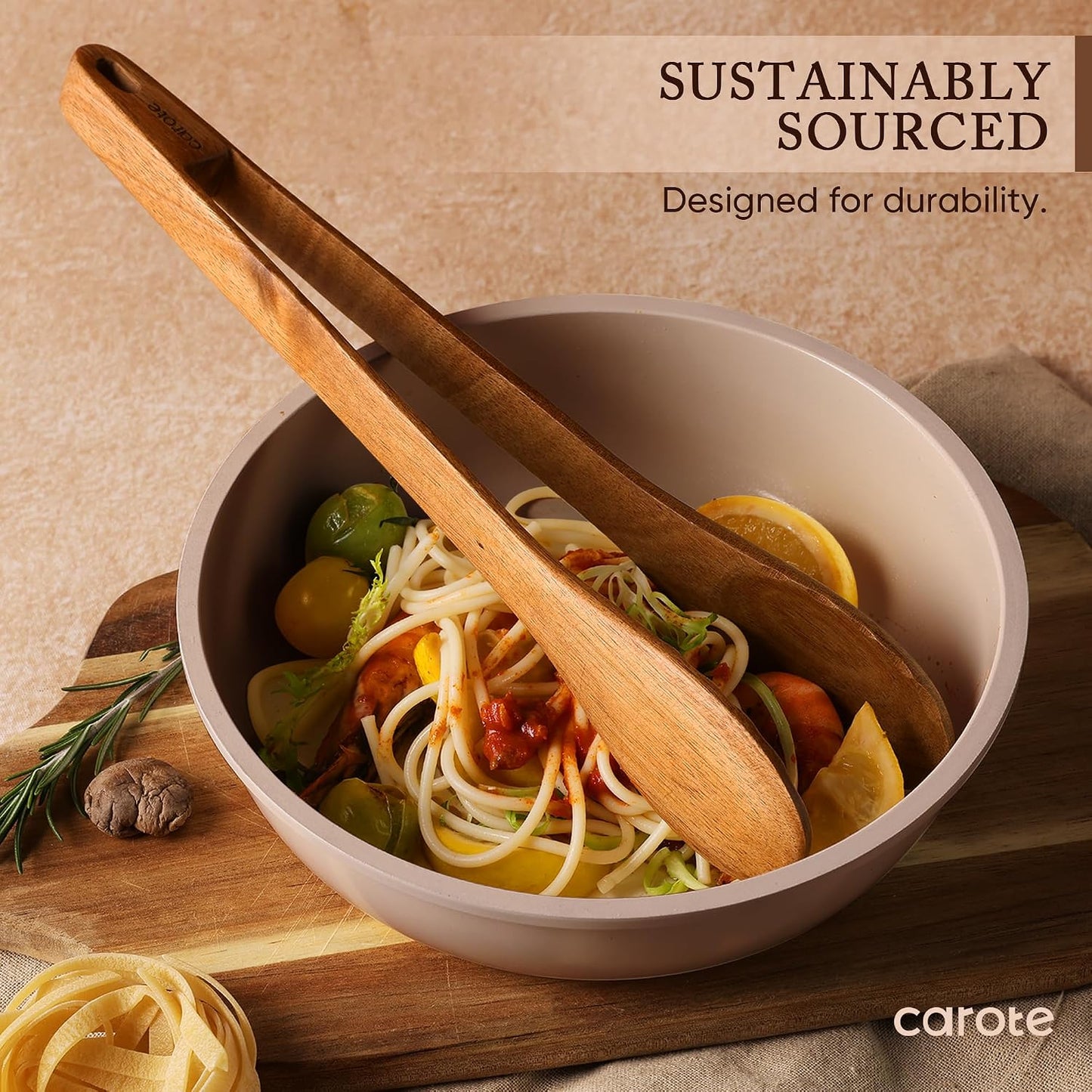 CAROTE Wooden Utensil Set, 8-Piece Acacia Wood Cooking Utensils | Nonstick Cookware Friendly, Durable, Heat-Resistant, Cool-Touch Handles, Hanging Loops, Everyday Kitchen Essentials
