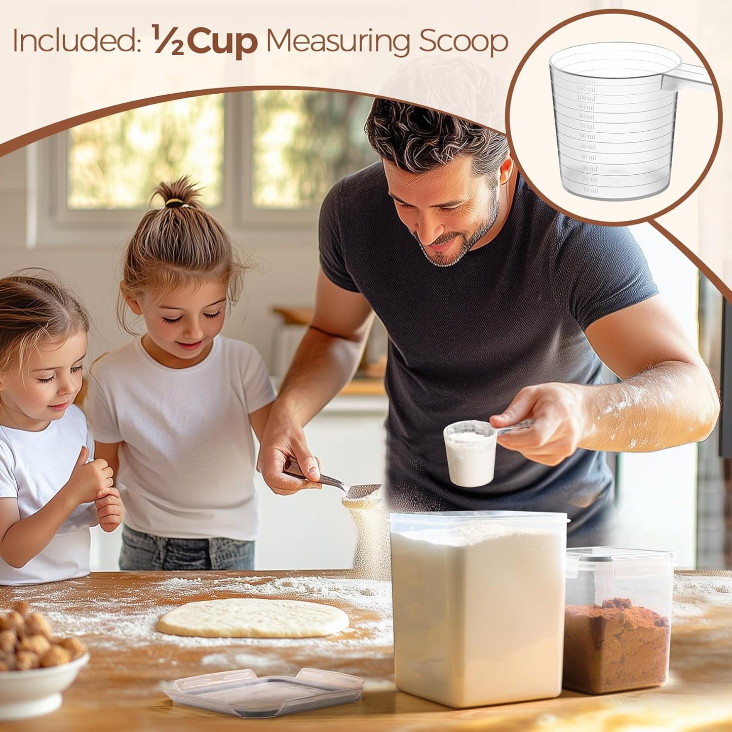 ComSaf Airtight Flour and Sugar Container 2.6Qt & 5.5Qt 3Pack, Wide Mouth | Plastic Food Storage Canister with Lid, Flour Sugar Cereal Rice Oats, Pantry Kitchen, Stackable Baking Supplies, Label, Scoop