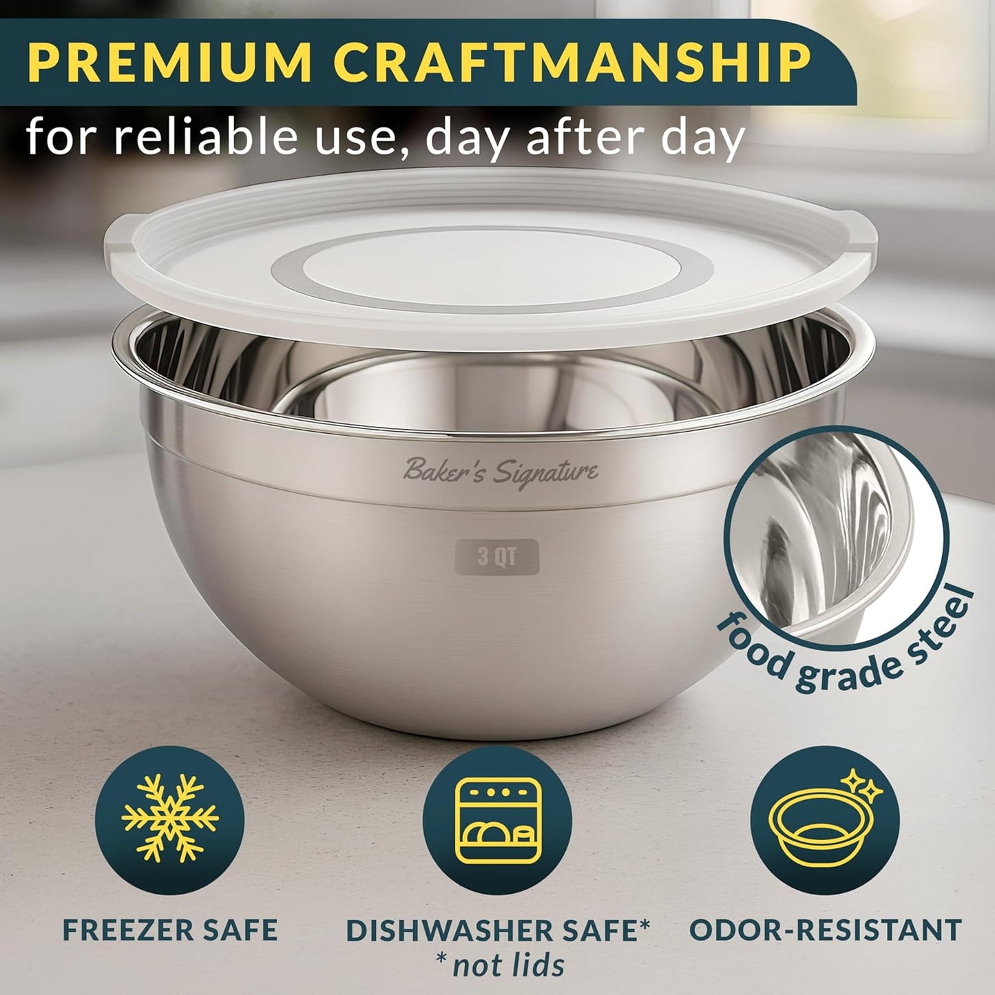 Baker's Signature Stainless Steel Mixing Bowls With Lid | Metal Bowl Set Of 5, Nesting Set For Food Prep, Baking,Storage, Cooking, Serving | Dishwasher Safe, 0.5/1.5/3/4/5 Qt