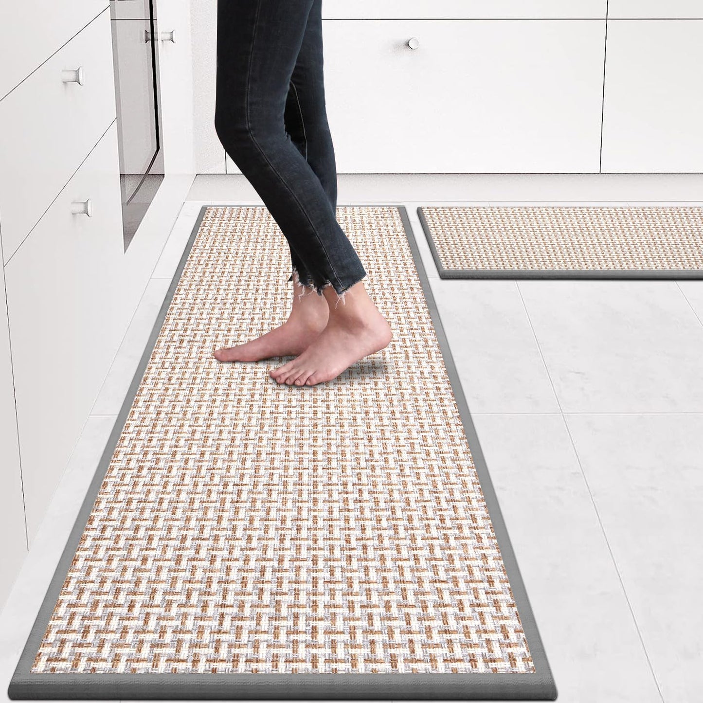 eqivei Kitchen Rugs and Mats Non Skid Washable Set of 2 PCS, Absorbent Runner Rugs for Kitchen, Front of Sink, Kitchen Mats for Floor, 17.3"x 47"+17.3"x 29" (Black)