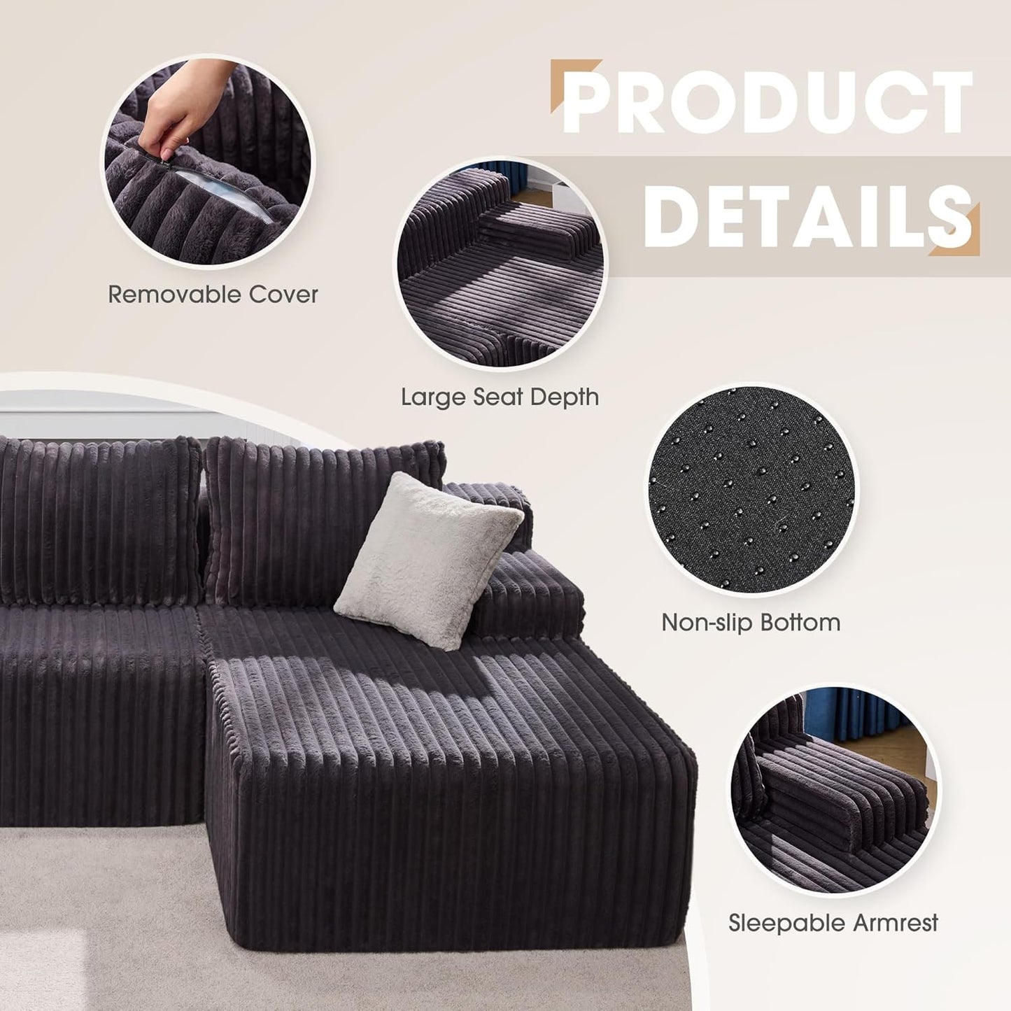 Hobestluk 96” Modular Sectional Sofa Couches L-Shape Couch 3 Seat Modular Sofa Memory Foam Sectional Couches for Living Room, Cloud Couch with Oversized Chaise (Grey, Stripe (Right Facing Chaise))