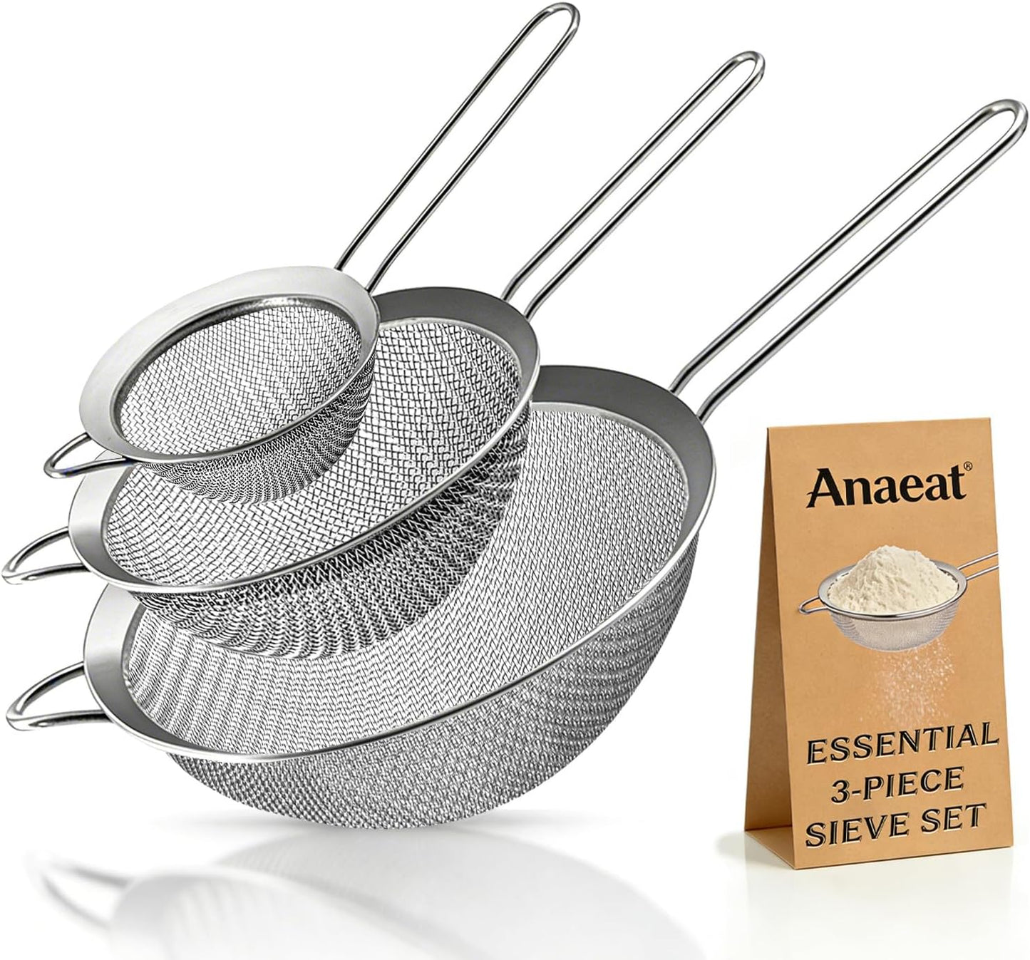 Anaeat Fine Mesh Strainers - Premium Stainless Steel Colander Sieve Sifters, with Durable Mesh and Sturdy Handle, Excellent for Sifting Dry ingredients, Flour, Pastas, Rice, Tea (3.15"+5.5"+7.87")