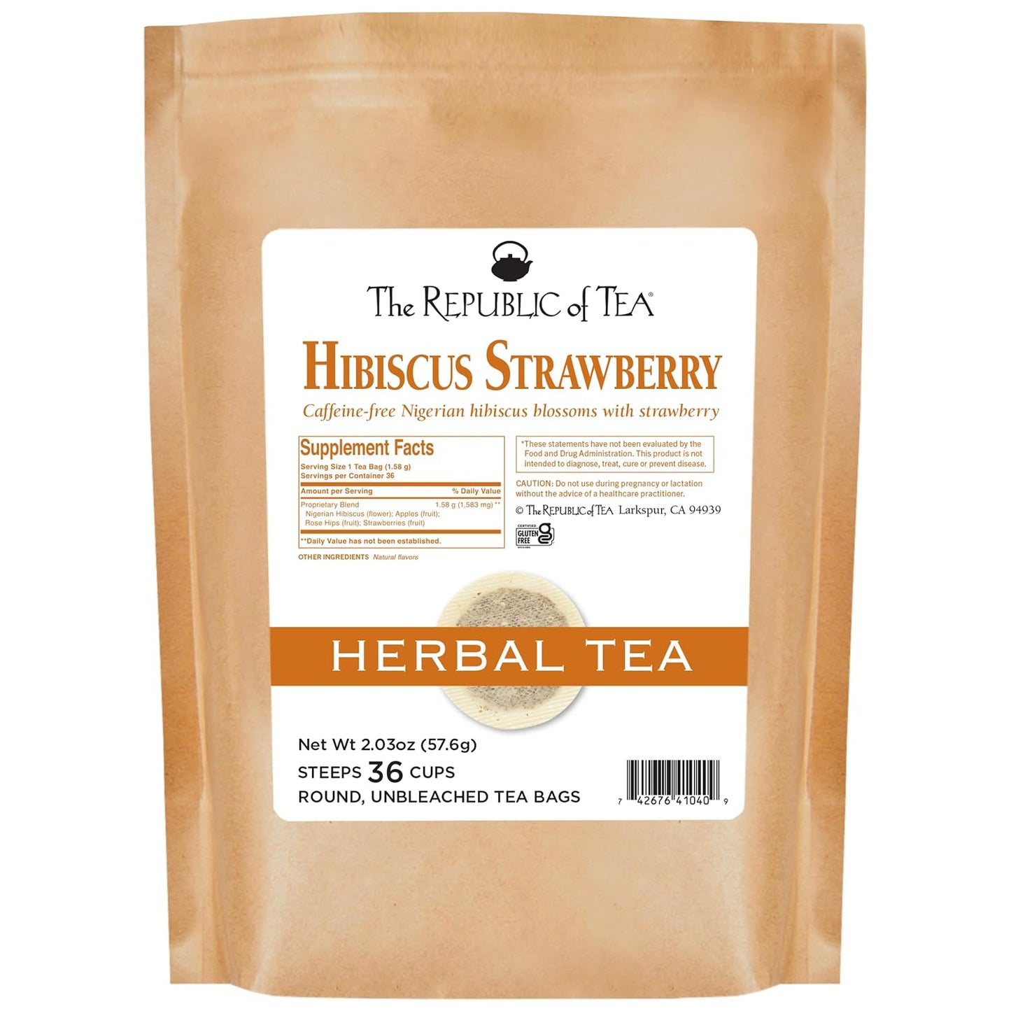 The Republic of Tea Hibiscus Strawberry Tea 36 Tea Bags Herbal Blend Caffeine Free Gluten Free