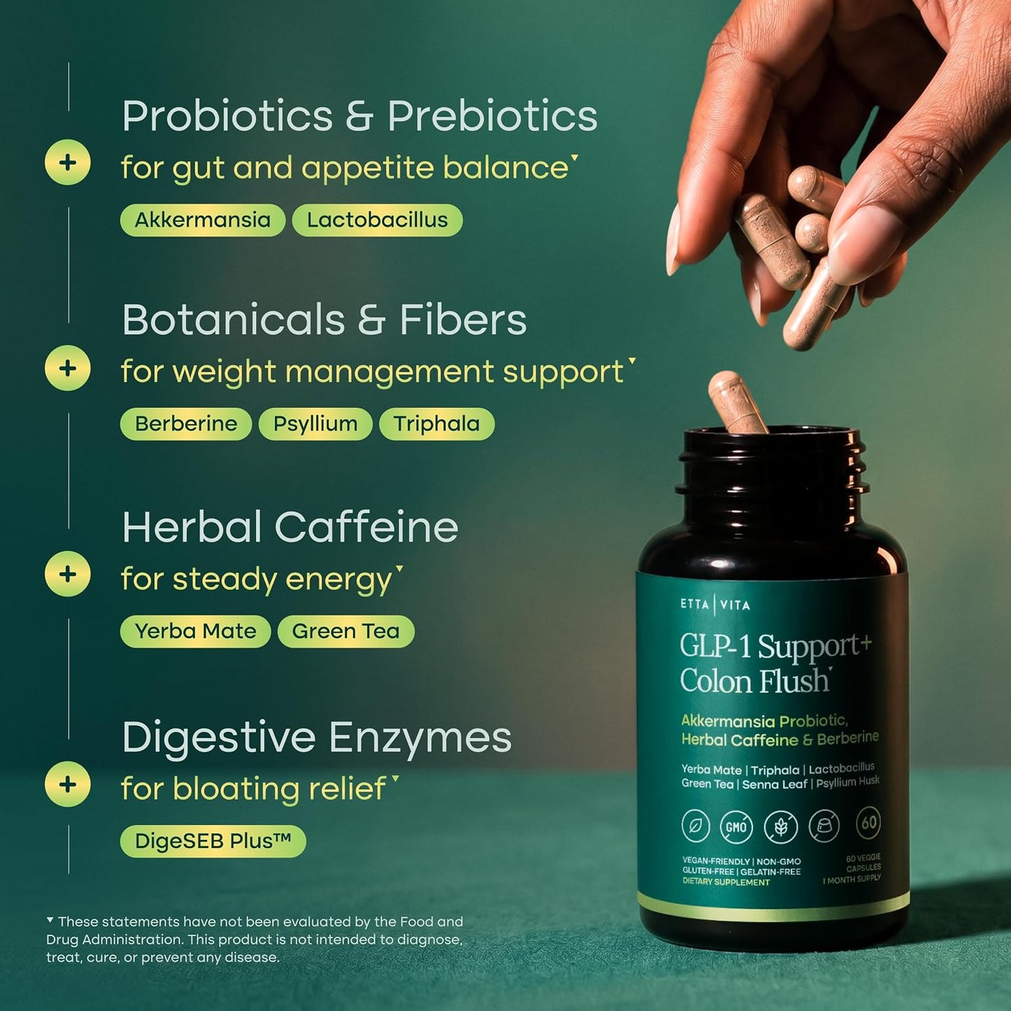 GLP-1 Support + Colon Cleanse – Weight Loss, Gut Health & Energy – Appetite Suppressant & Fat Burner – Berberine, Akkermansia Probiotic, Yerba Mate, Psyllium Husk, Senna Leaf – Women & Men, 60capsules