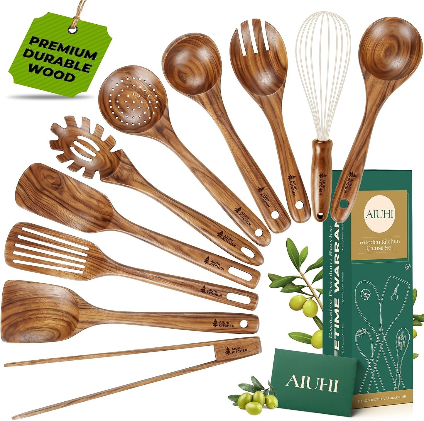 10 Pack Wooden Utensils for Cooking, Wood Utensil Set for Kitchen, Teak Wooden Spoon for Cooking, Non-Stick Spatula Ladle