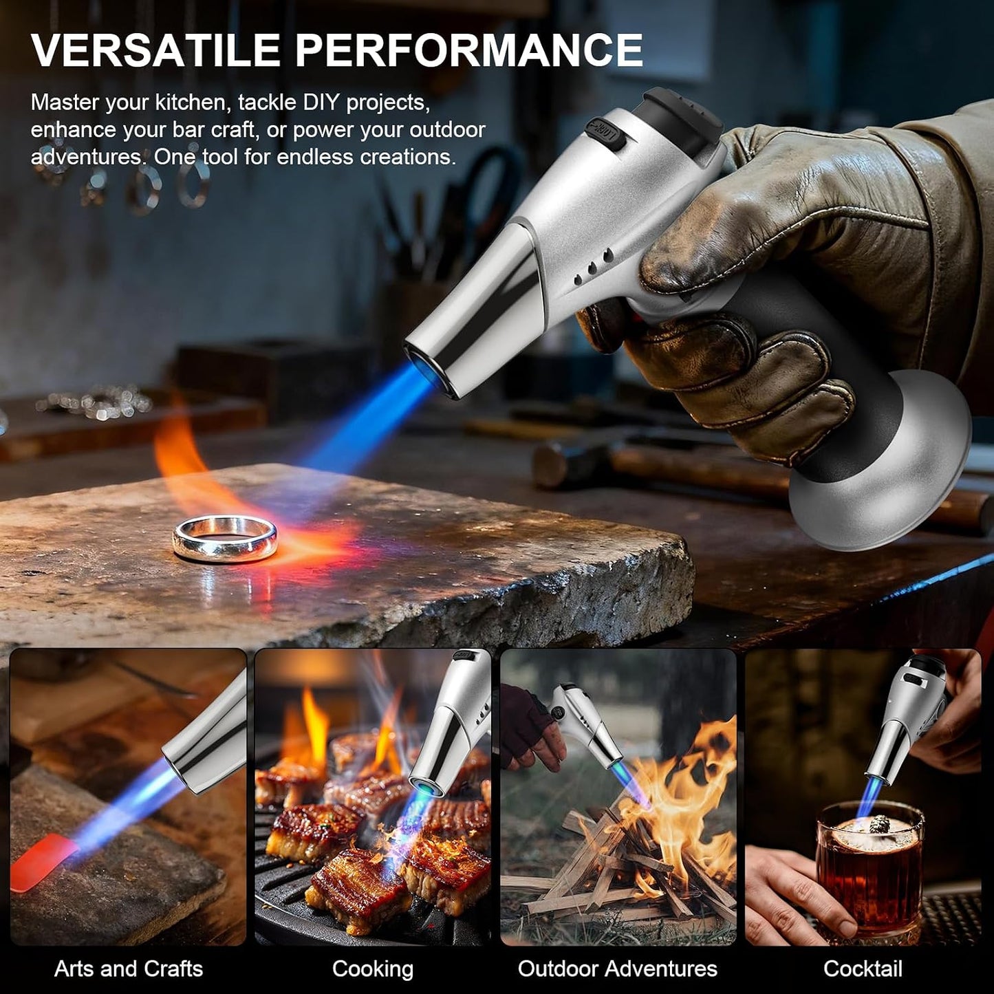 TBTeek Kitchen Butane Torch with Safety Lock for Baking, Crafts & Steak | 2500°F Adjustable Continuous Flame, One-Button Piezo Ignition, Ergonomic Comfort Grip, 3 refill adapters(Butane Not Included)