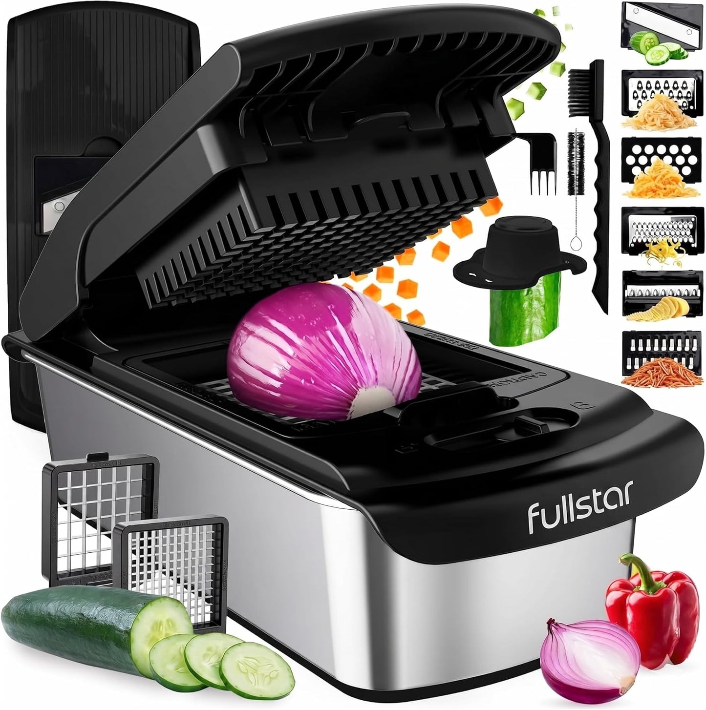 Fullstar Pro Original Vegetable Chopper & Mandoline Slicer Kitchen Gadget | 8 in 1 Veggie Slicer, Onion & Fruit Cutter with Sharp Stainless Steel Blades & Container, All-in-One Meal Prep Tool (Black)
