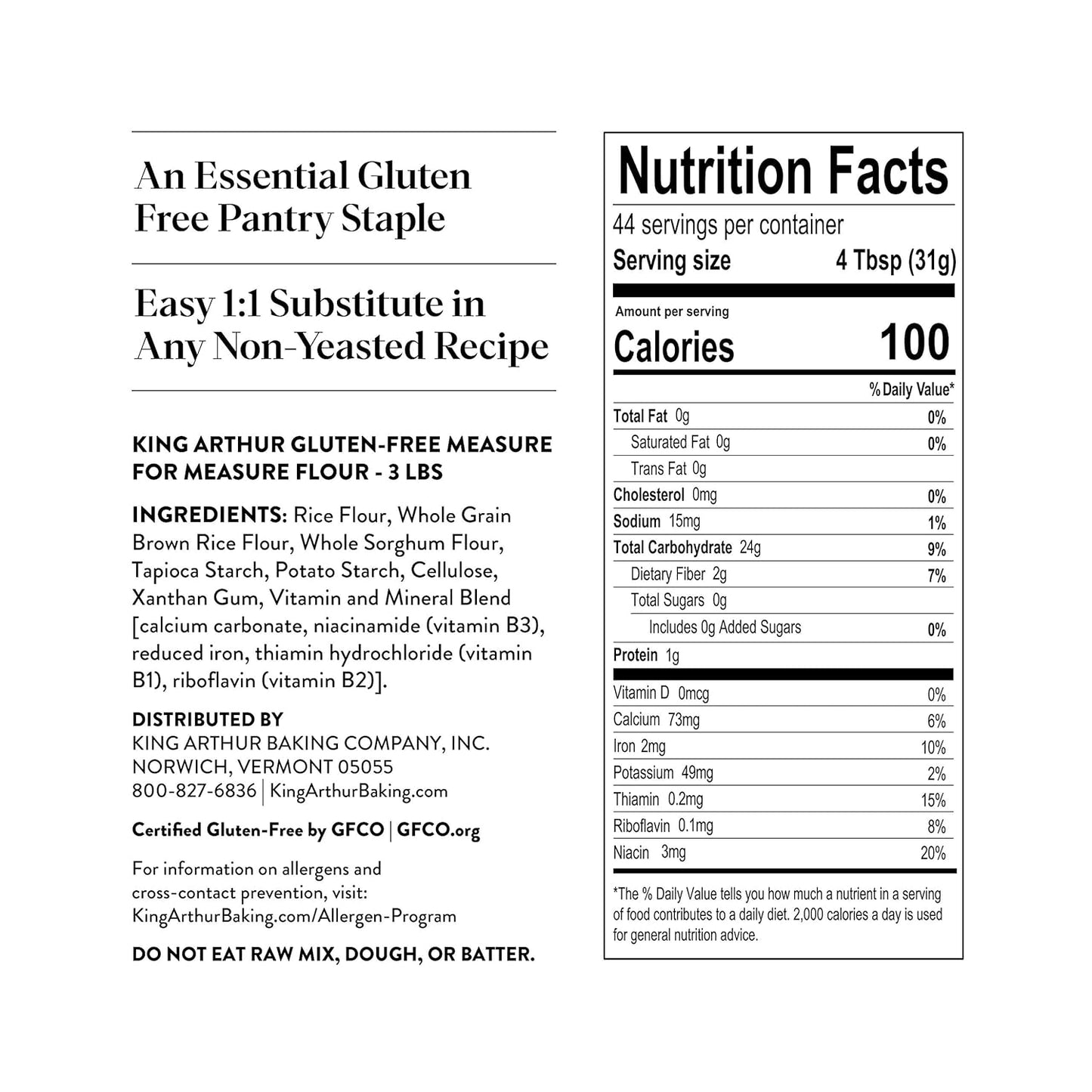King Arthur Measure for Measure Gluten-Free Flour: All-Purpose 1:1 Substitute for Wheat Flour, Non-GMO, Kosher Certified, 3 lbs Bag for Baking Cookies, Cakes, Muffins