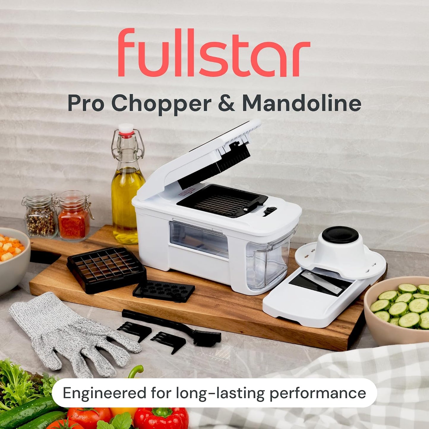 Fullstar Pro XL Vegetable Chopper & Mandoline Slicer w Pull-Out Catch Tray | 4 in 1 Veggie, Onion & Fruit Slicer, Dicer & Grater with Sharp Stainless Steel Blades - XL Food Prep Set (White)