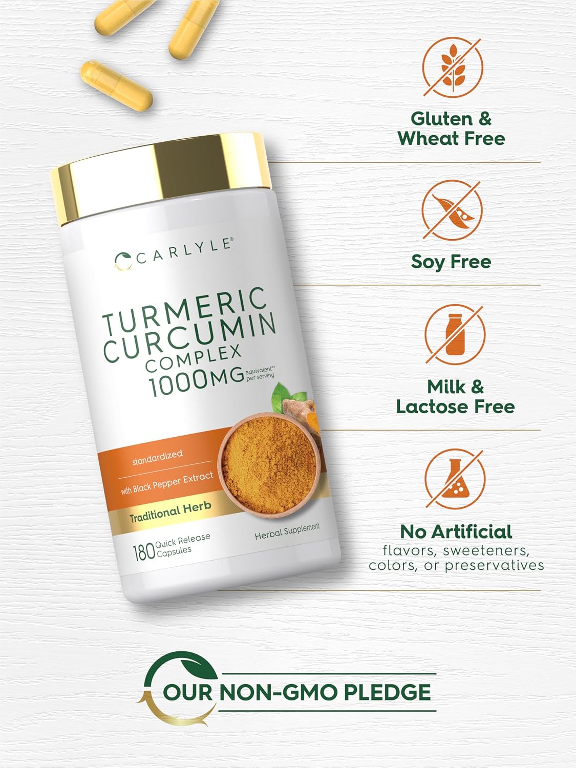 Carlyle Turmeric Curcumin with Black Pepper | 180 Capsules | Turmeric Complex Supplement | Non-GMO, Gluten Free