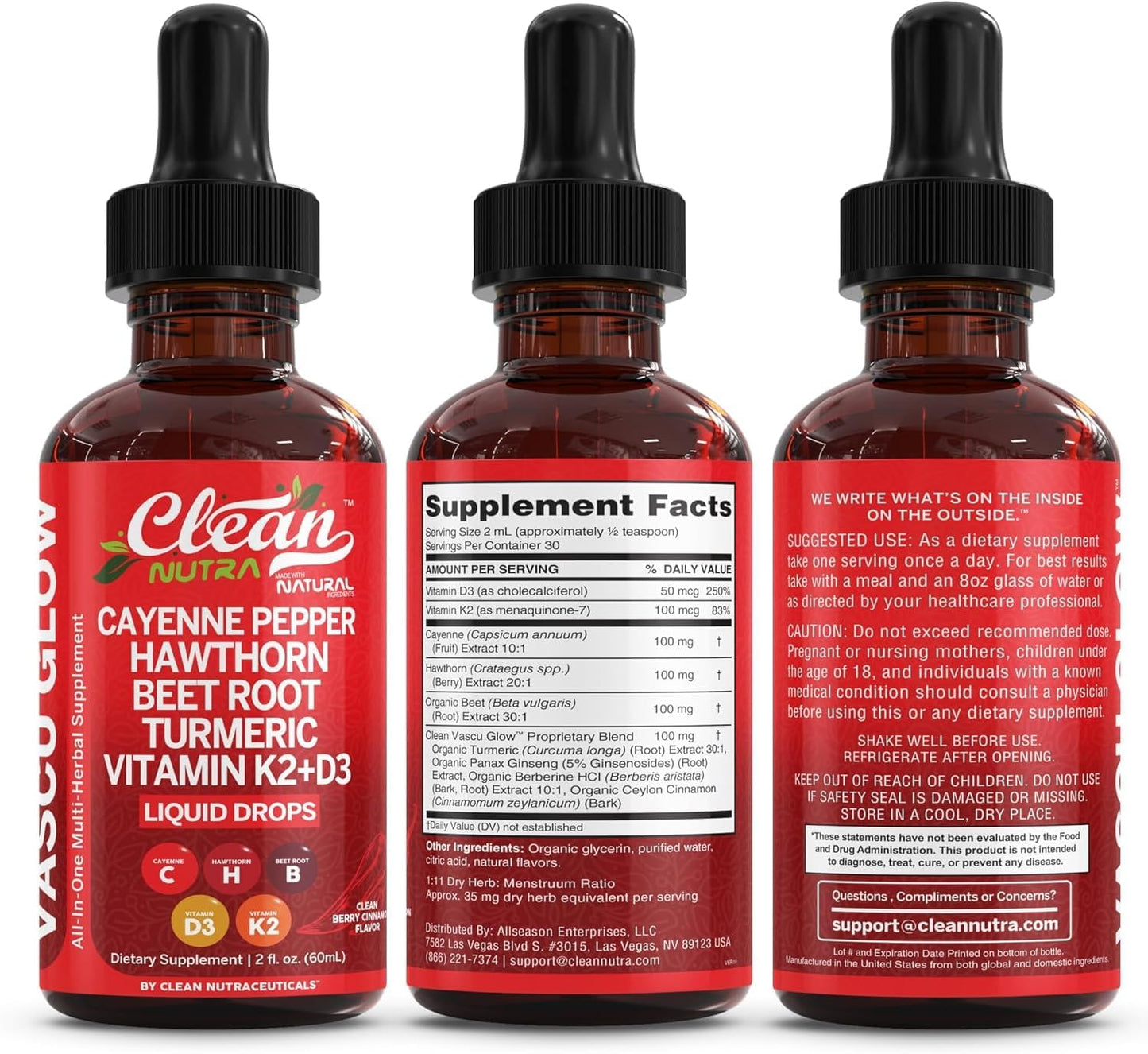 Clean Nutra Cayenne Pepper Drops Supplement Liquid + Hawthorn Berry, Vitamin D3 K2 Beet Root Powder, Ceylon Cinnamon, Turmeric Curcumin, Organic Panax Ginseng, Berberine Extract 1 Pack