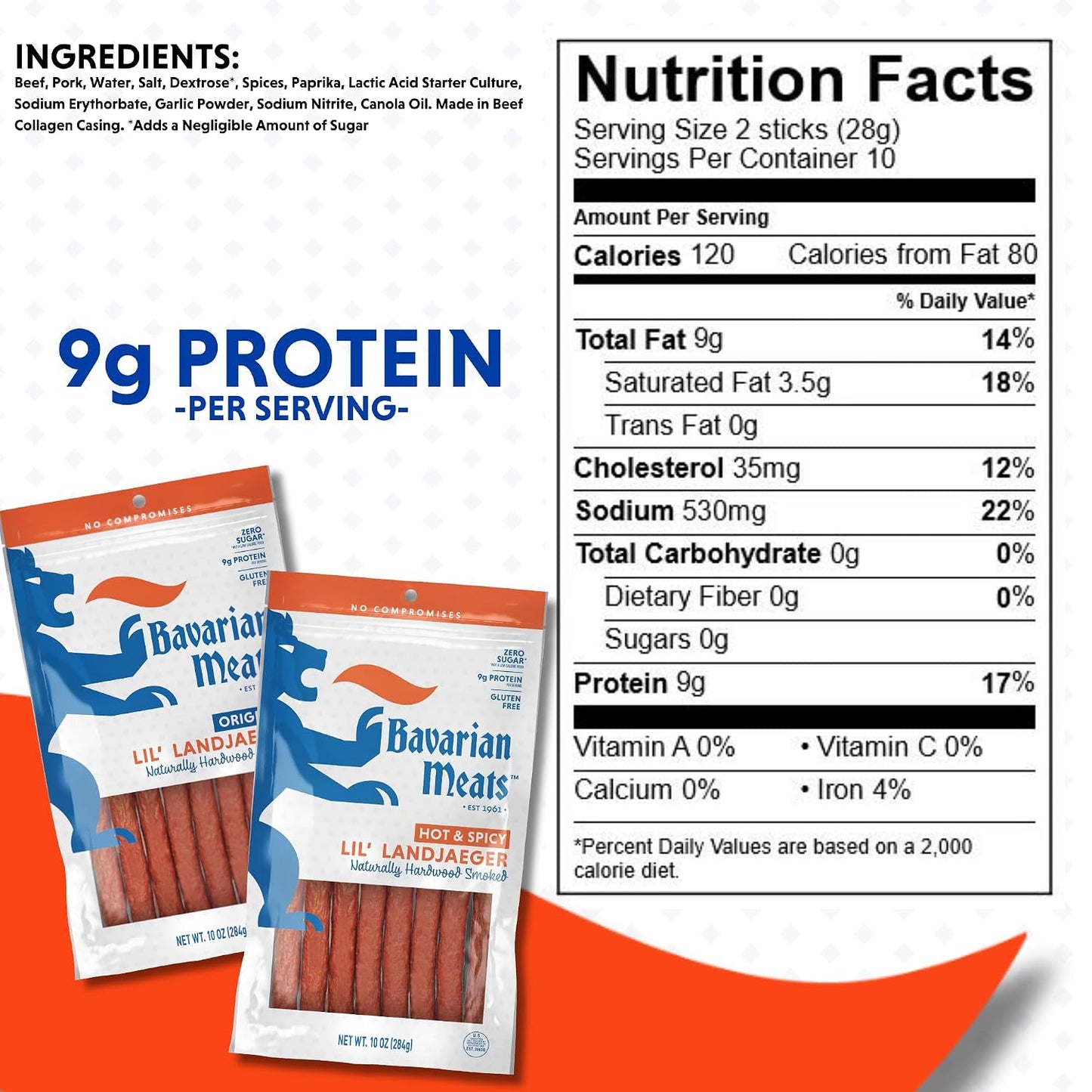 Bavarian Meats Lil' Landjaeger Meat Sticks, Smoked Sausage Protein Snacks, 10 Ounce