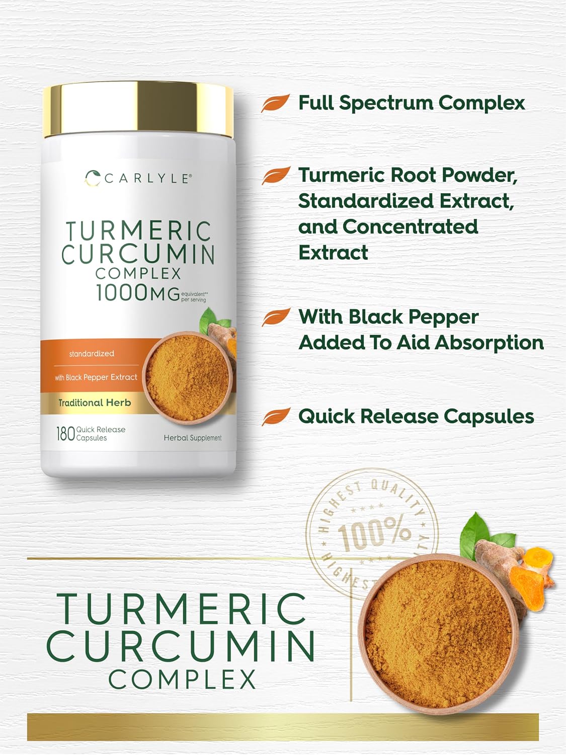 Carlyle Turmeric Curcumin with Black Pepper | 180 Capsules | Turmeric Complex Supplement | Non-GMO, Gluten Free