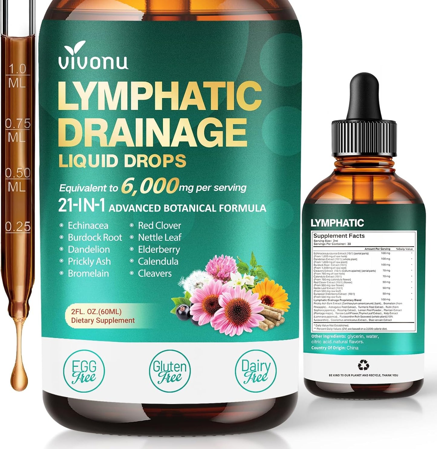 21-in-1 Lymphatic Drainage Drops for Immune System Support with Echinacea and Turmeric 2 FL OZ