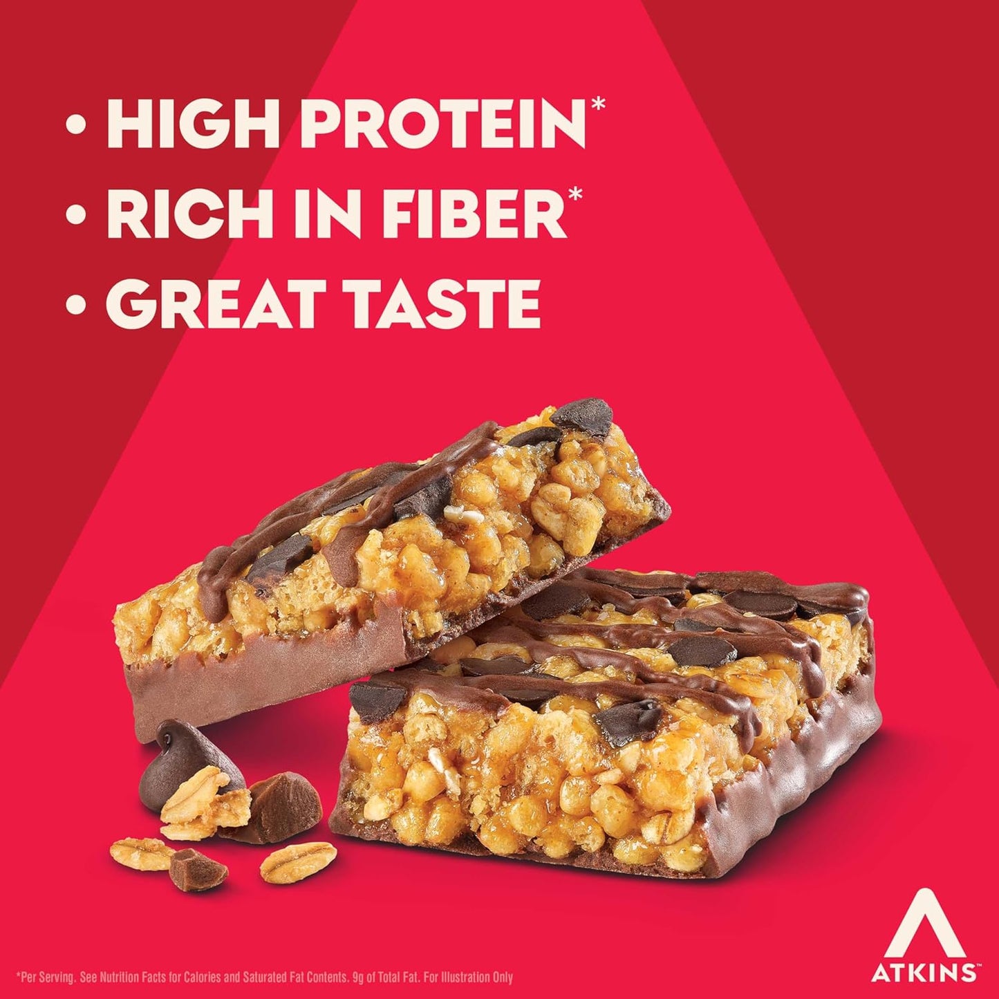 Atkins Chocolate Chip Granola Protein Bar, 12 Count, High Fiber, Low Sugar, 17g Protein