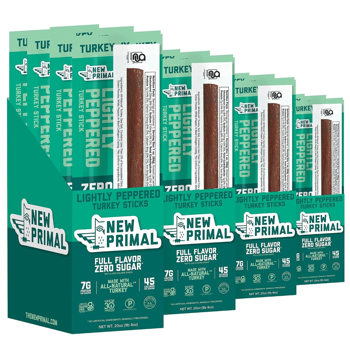 New Primal Lightly Peppered Turkey Sticks, 20 Count, 7g Protein, Keto, Gluten Free, Low Carb