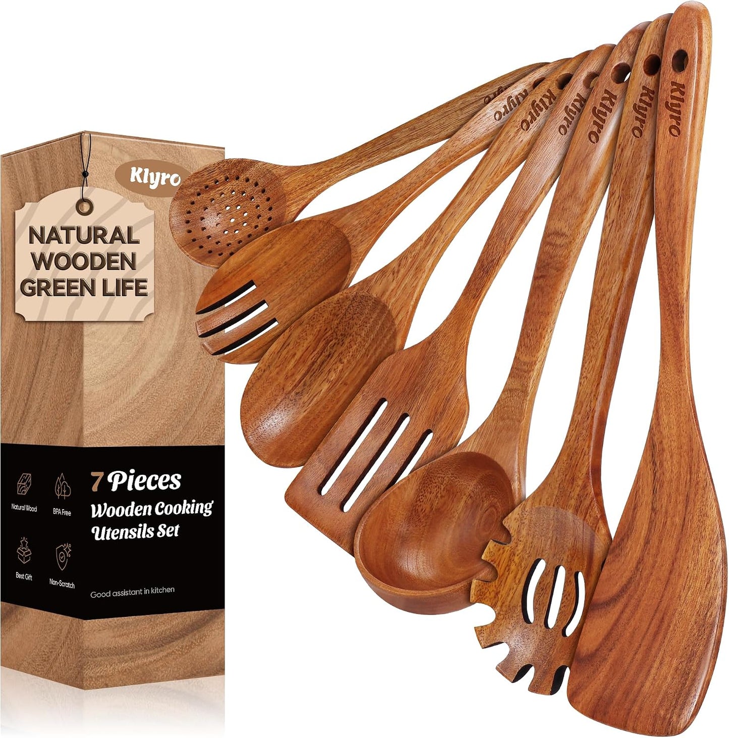 KLYRO Wooden Spoons for Cooking, Nonstick Kitchen Utensils Set with 4 Piece Measuring Spoons, Comfort Grip Wooden Spatula Set, 9 Piece Teak Wooden Cooking Utensils with Holder and Spoon Rest