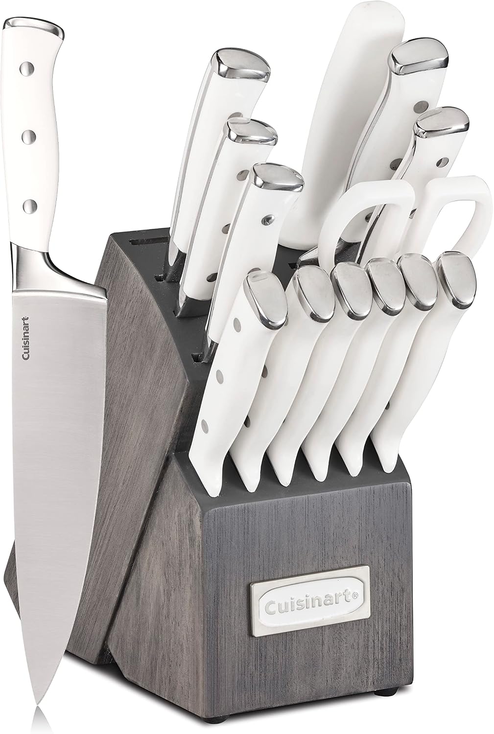 Cuisinart 15-Piece Knife Set with Block, High Carbon Stainless Steel, Forged Triple Rivet, White, C77WTR-15P